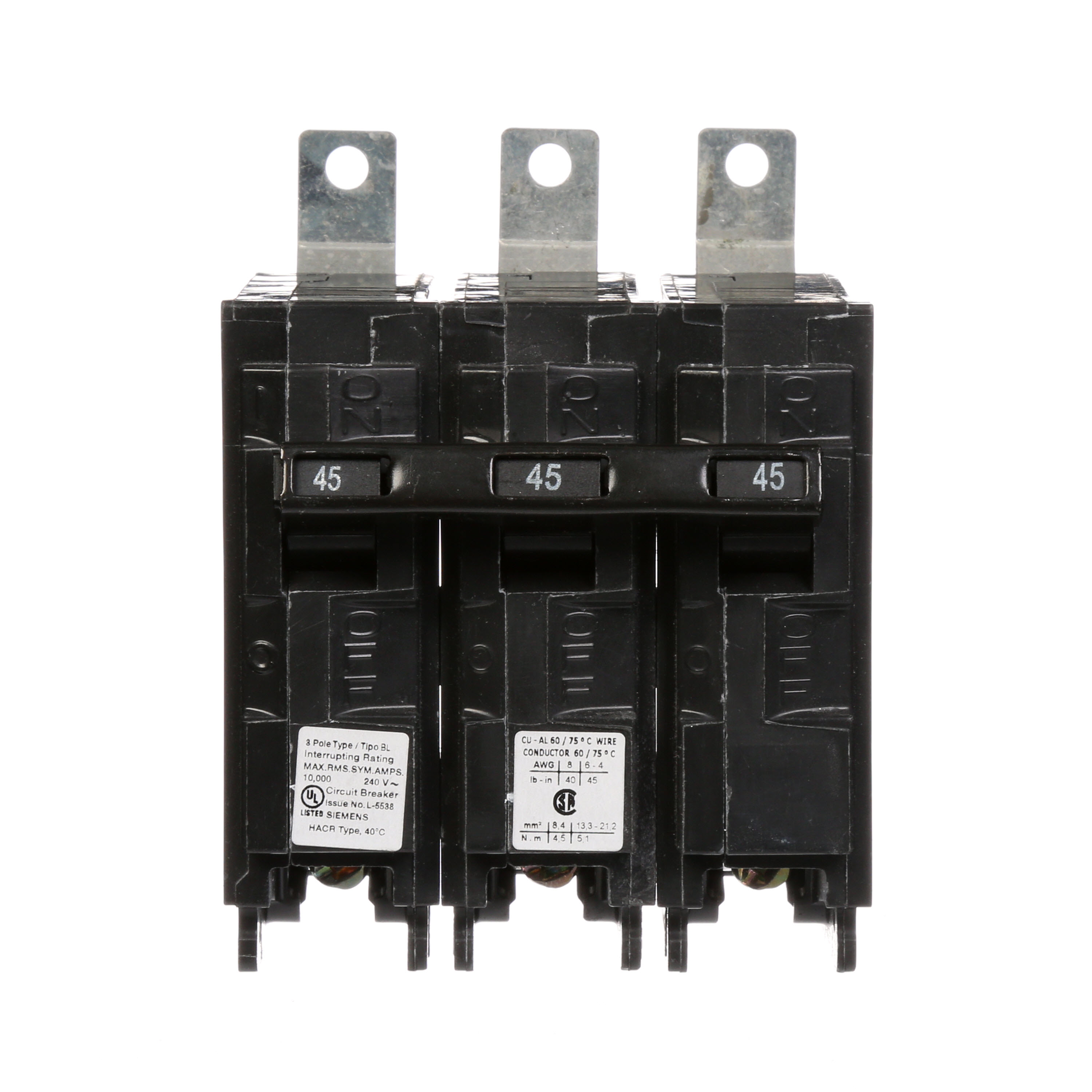 Siemens Low Voltage Molded Case Circuit Breakers Panelboard Mounting 240V Circuit Breakers - Type BL, 3-Pole, 240VAC are Circuit Protection Molded Case CircuitBreakers. Type BL Application Electrical Distribution Standard UL 489 Voltage Rating 240V Amperage Rating 45A Trip Range Thermal Magnetic Interrupt Rating 10 AIC Number Of Poles 3P