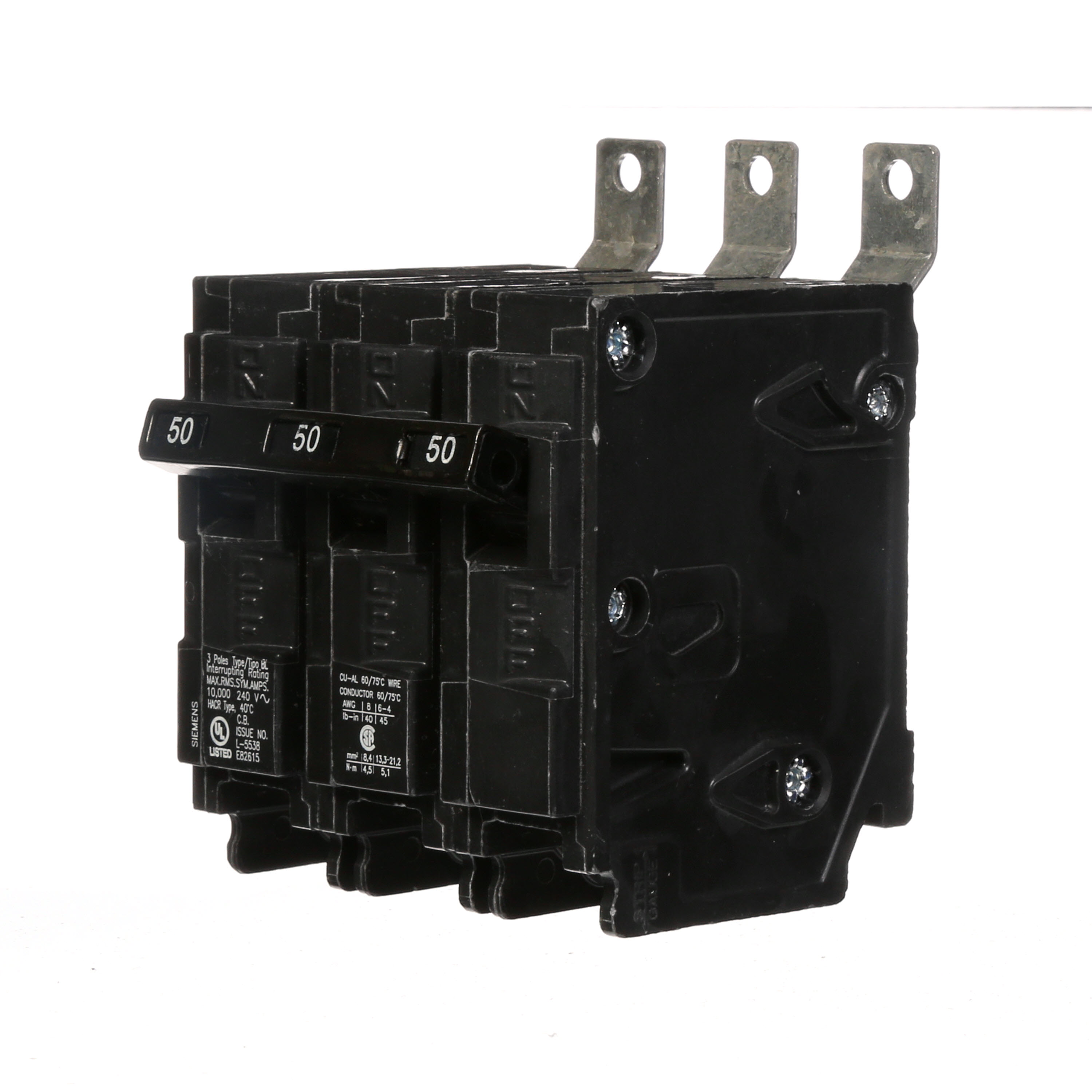 Siemens Low Voltage Molded Case Circuit Breakers Panelboard Mounting 240V Circuit Breakers - Type BL, 3-Pole, 240VAC are Circuit Protection Molded Case CircuitBreakers. Type BL Application Electrical Distribution Standard UL 489 Voltage Rating 240V Amperage Rating 50A Trip Range Thermal Magnetic Interrupt Rating 10 AIC Number Of Poles 3P