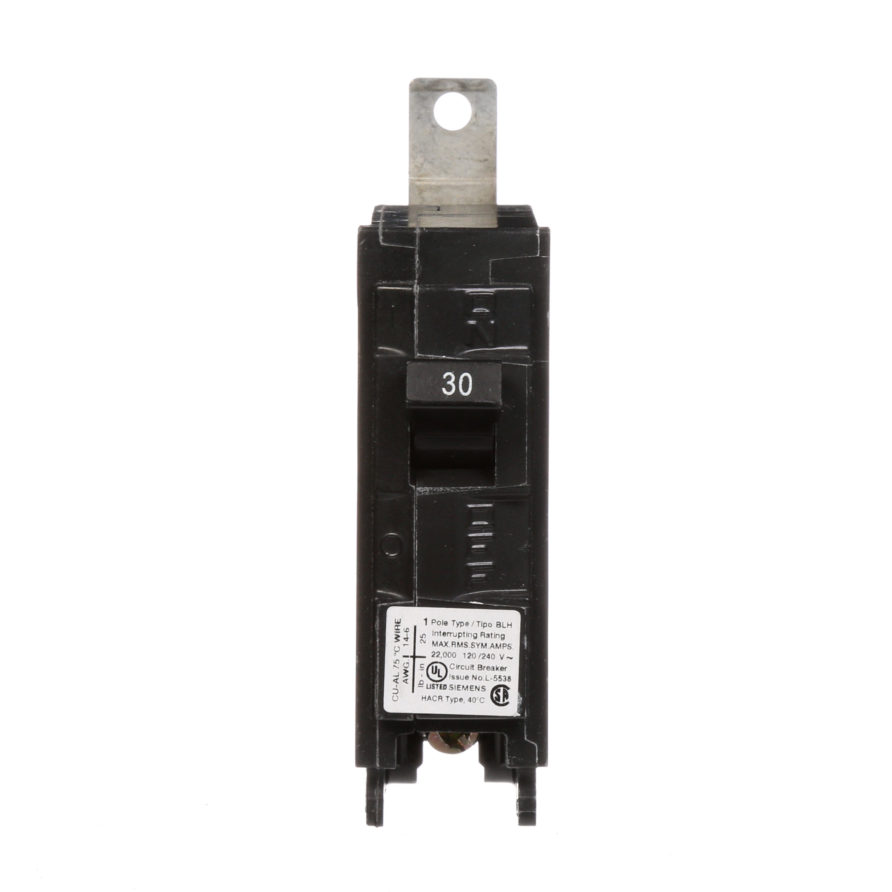 Siemens Low Voltage Molded Case Circuit Breakers Panelboard Mounting 240V Circuit Breakers - Type BL, 1-Pole, 120VAC are Circuit Protection Molded Case CircuitBreakers. Type BLH Application Electrical Distribution Standard UL 489 Voltage Rating 120V Amperage Rating 30A Trip Range Thermal Magnetic Interrupt Rating 22 AIC Number Of Poles 1P