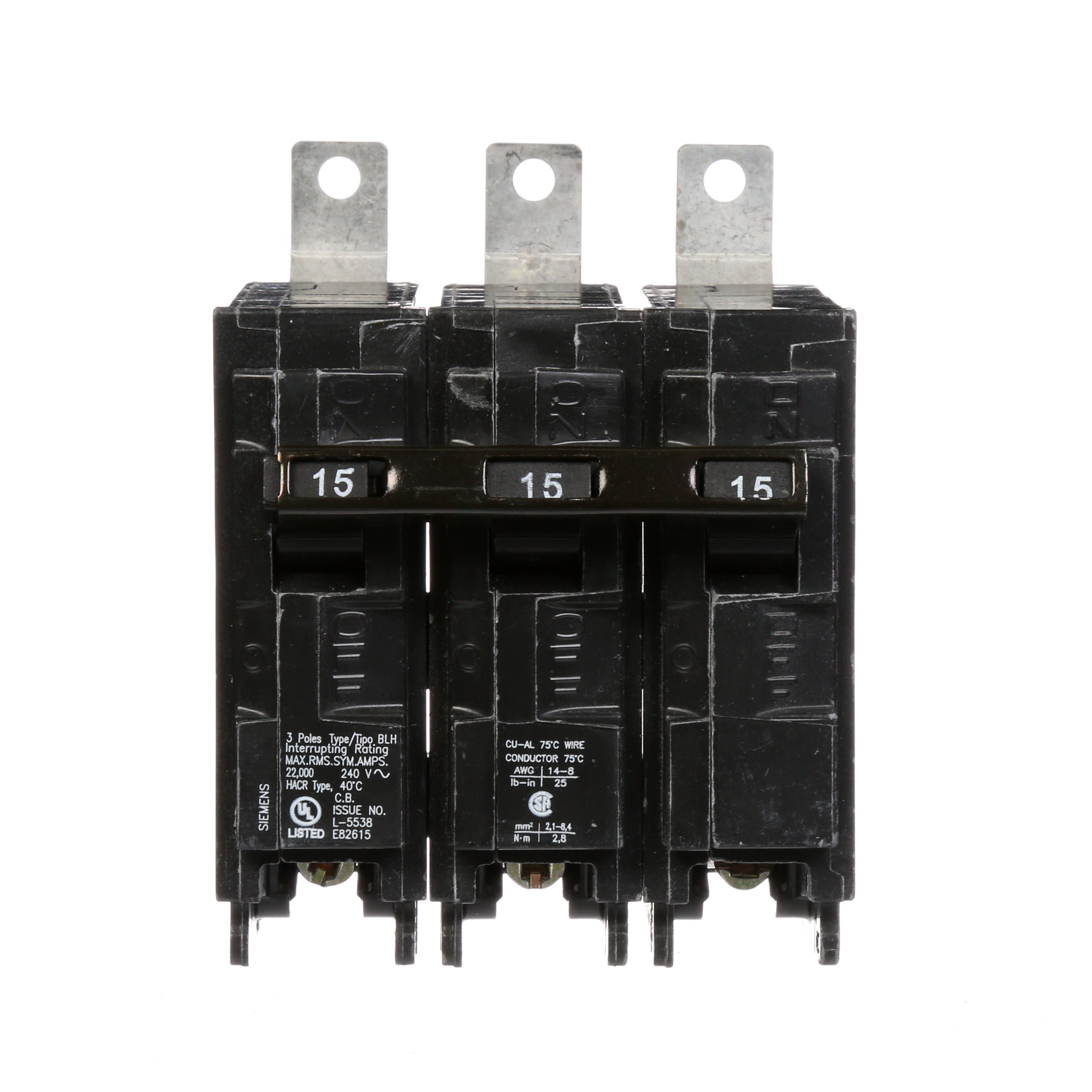 Siemens Low Voltage Molded Case Circuit Breakers Panelboard Mounting 240V Circuit Breakers - Type BL, 3-Pole, 240VAC are Circuit Protection Molded Case CircuitBreakers. Type BLH Application Electrical Distribution Standard UL 489 Voltage Rating 240V Amperage Rating 15A Trip Range Thermal Magnetic Interrupt Rating 22 AIC Number Of Poles 3P