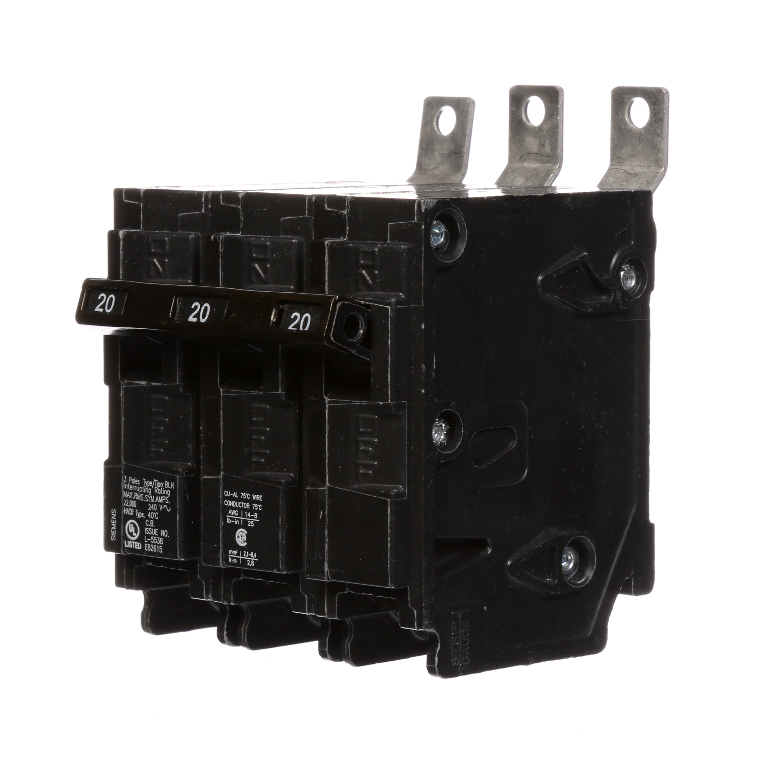 Siemens Low Voltage Molded Case Circuit Breakers Panelboard Mounting 240V Circuit Breakers - Type BL, 3-Pole, 240VAC are Circuit Protection Molded Case CircuitBreakers. BREAKER 20A 3P 240V 22K BLH