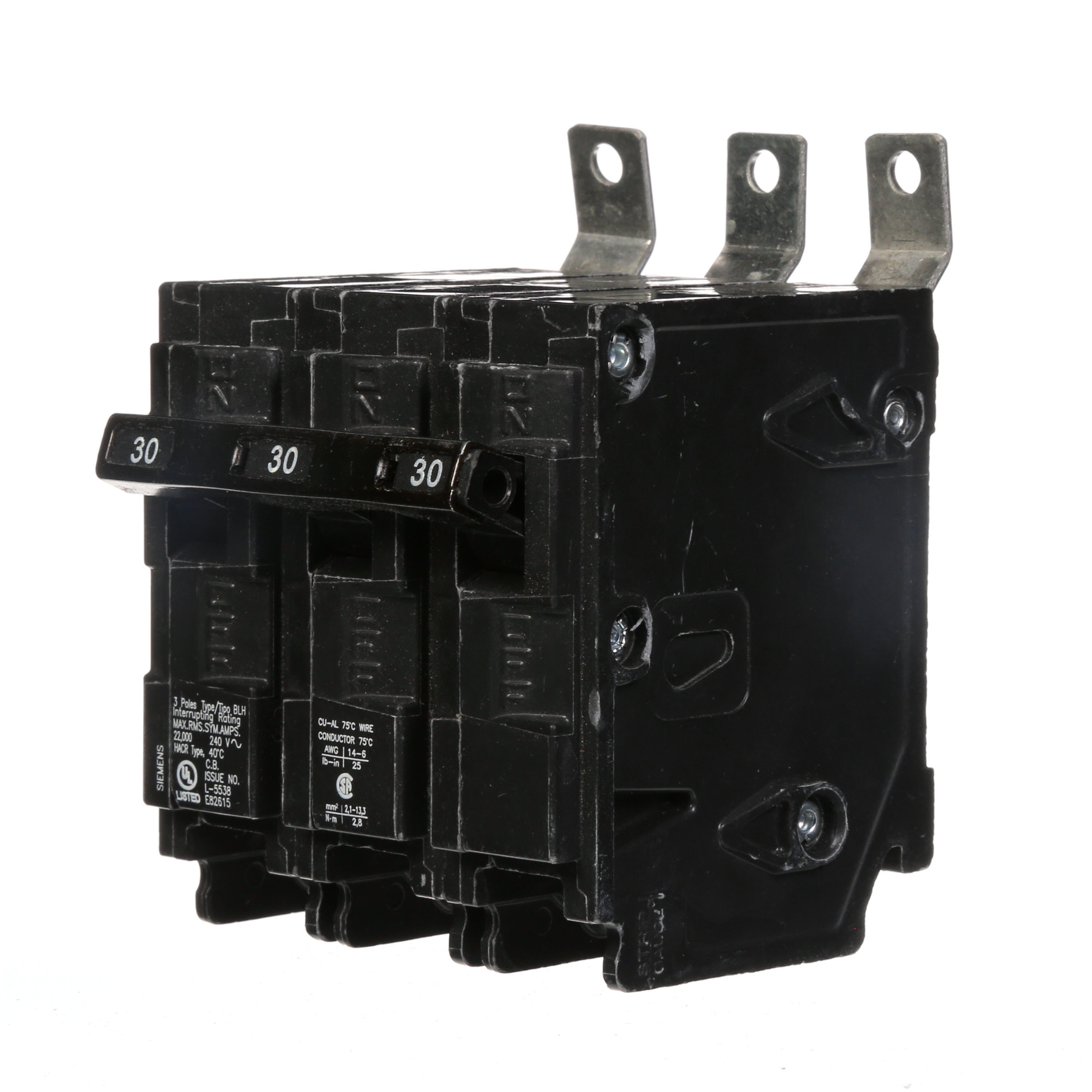 Siemens Low Voltage Molded Case Circuit Breakers Panelboard Mounting 240V Circuit Breakers - Type BL, 3-Pole, 240VAC are Circuit Protection Molded Case CircuitBreakers. Type BLH Application Electrical Distribution Standard UL 489 Voltage Rating 240V Amperage Rating 30A Trip Range Thermal Magnetic Interrupt Rating 22 AIC Number Of Poles 3P
