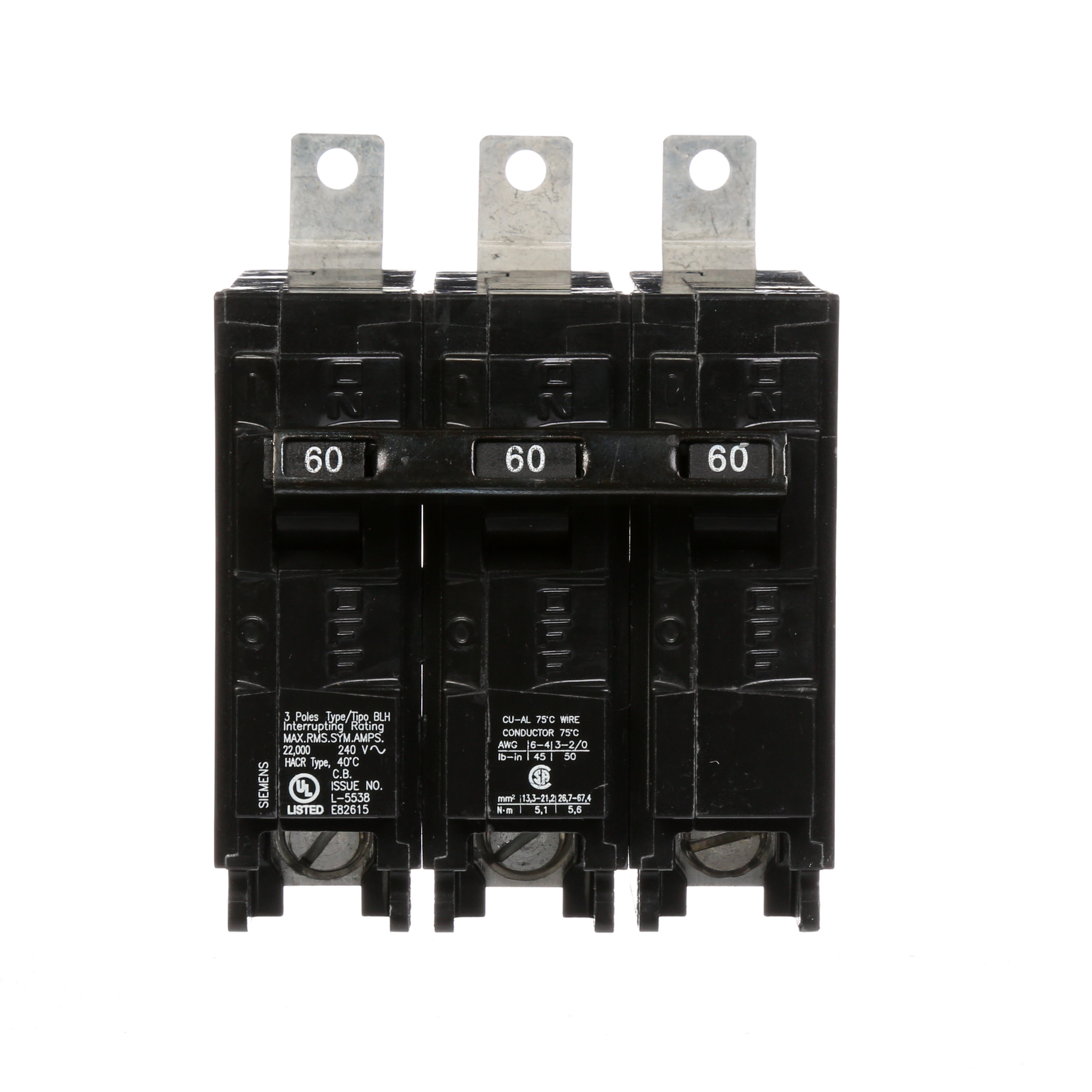 Siemens Low Voltage Molded Case Circuit Breakers Panelboard Mounting 240V Circuit Breakers - Type BL, 3-Pole, 240VAC are Circuit Protection Molded Case CircuitBreakers. BREAKER 60A 3P 240V 22K BLH