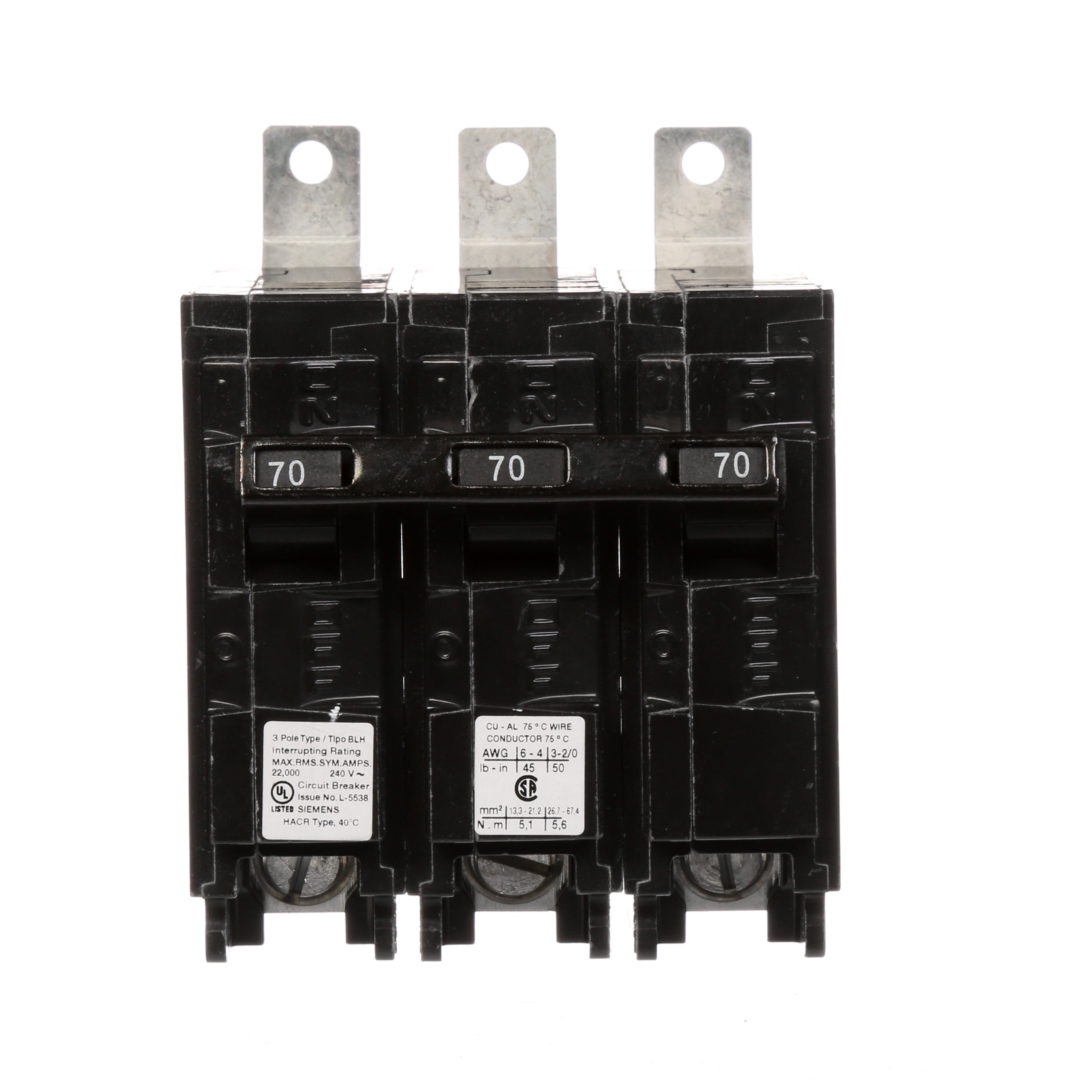 Siemens Low Voltage Molded Case Circuit Breakers Panelboard Mounting 240V Circuit Breakers - Type BL, 3-Pole, 240VAC are Circuit Protection Molded Case CircuitBreakers. Type BLH Application Electrical Distribution Standard UL 489 Voltage Rating 240V Amperage Rating 70A Trip Range Thermal Magnetic Interrupt Rating 22 AIC Number Of Poles 3P