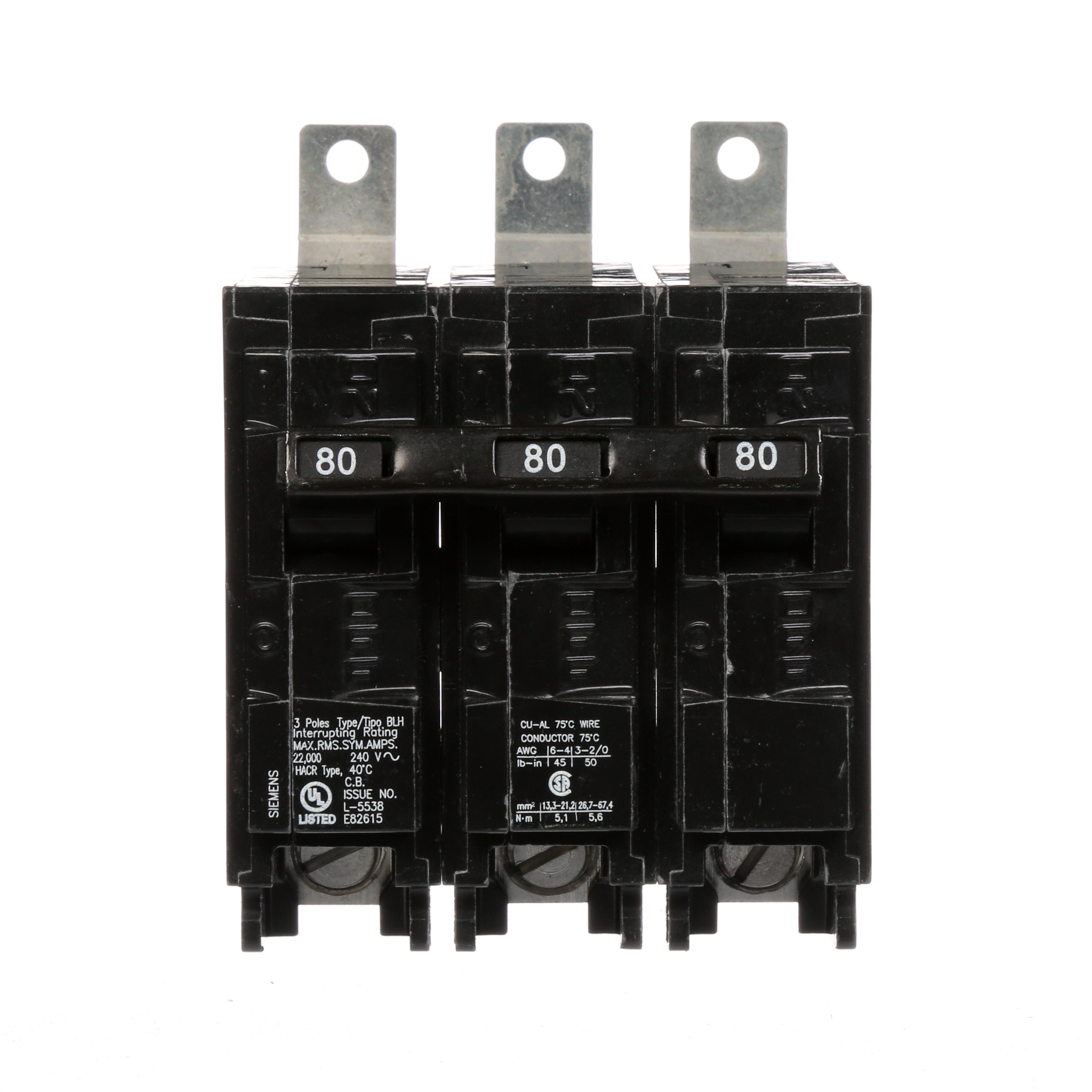 Siemens Low Voltage Molded Case Circuit Breakers Panelboard Mounting 240V Circuit Breakers - Type BL, 3-Pole, 240VAC are Circuit Protection Molded Case CircuitBreakers. Type BLH Application Electrical Distribution Standard UL 489 Voltage Rating 240V Amperage Rating 80A Trip Range Thermal Magnetic Interrupt Rating 22 AIC Number Of Poles 3P