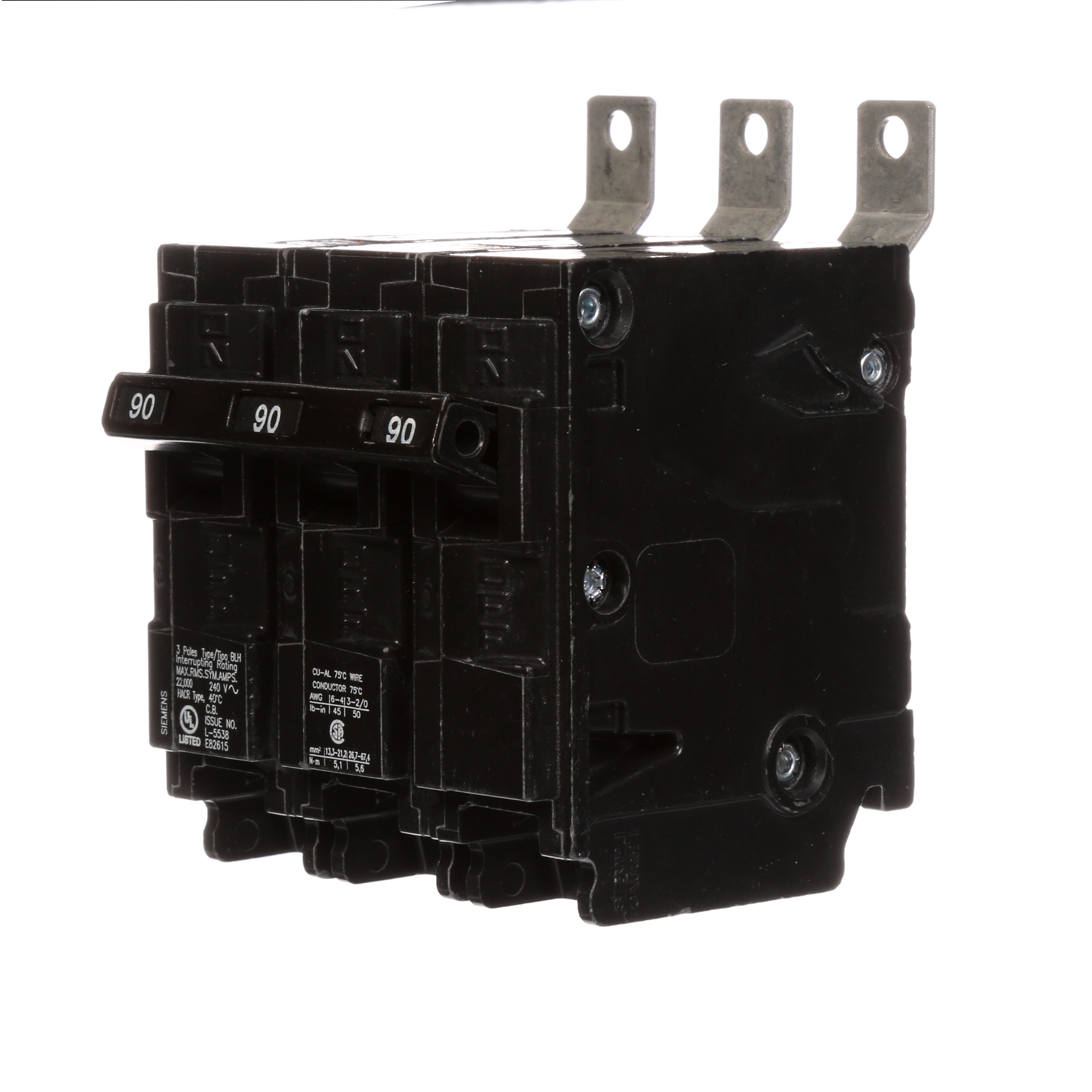 Siemens Low Voltage Molded Case Circuit Breakers Panelboard Mounting 240V Circuit Breakers - Type BL, 3-Pole, 240VAC are Circuit Protection Molded Case CircuitBreakers. Type BLH Application Electrical Distribution Standard UL 489 Voltage Rating 240V Amperage Rating 90A Trip Range Thermal Magnetic Interrupt Rating 22 AIC Number Of Poles 3P