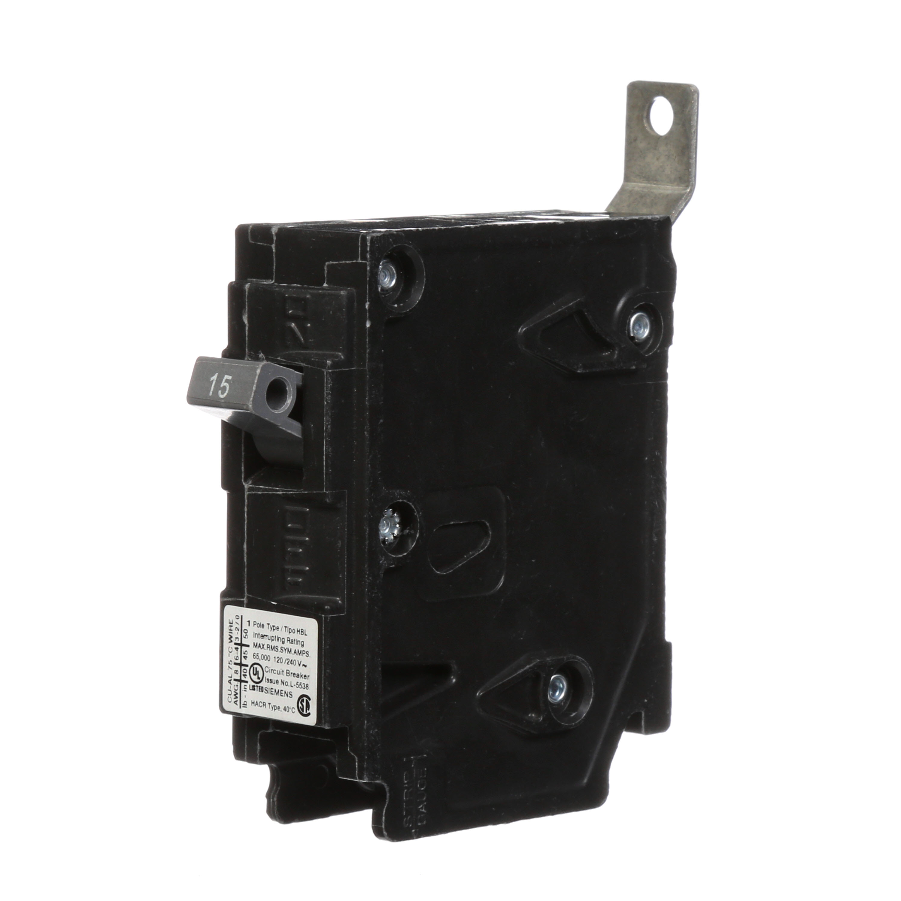 Siemens Low Voltage Molded Case Circuit Breakers Panelboard Mounting 240V Circuit Breakers - Type BL, 1-Pole, 120VAC are Circuit Protection Molded Case CircuitBreakers. Type HBL Application Electrical Distribution Standard UL 489 Voltage Rating 120V Amperage Rating 15A Trip Range Thermal Magnetic Interrupt Rating 65 AIC Number Of Poles 1P
