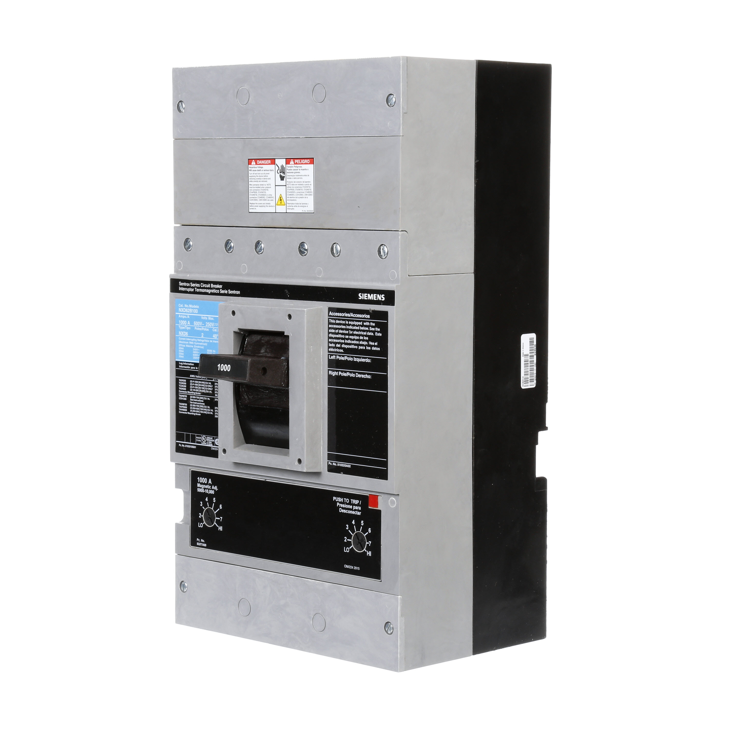 SIEMENS LOW VOLTAGE SENTRON MOLDED CASE CIRCUIT BREAKER WITH THERMAL - MAGNETICTRIP UNIT. ASSEMBLED STANDARD 40 DEG C BREAKER ND FRAME WITH STANDARD BREAKING CAPACITY. 1000A 2-POLE (25KAIC AT 600V) (50KAIC AT 480V). NON-INTERCHANGEABLE TRIP UNIT. SPECIAL FEATURES NO LUGS INSTALLED. DIMENSIONS (W x H x D) IN 9.00 x 16.0 x 6.00.