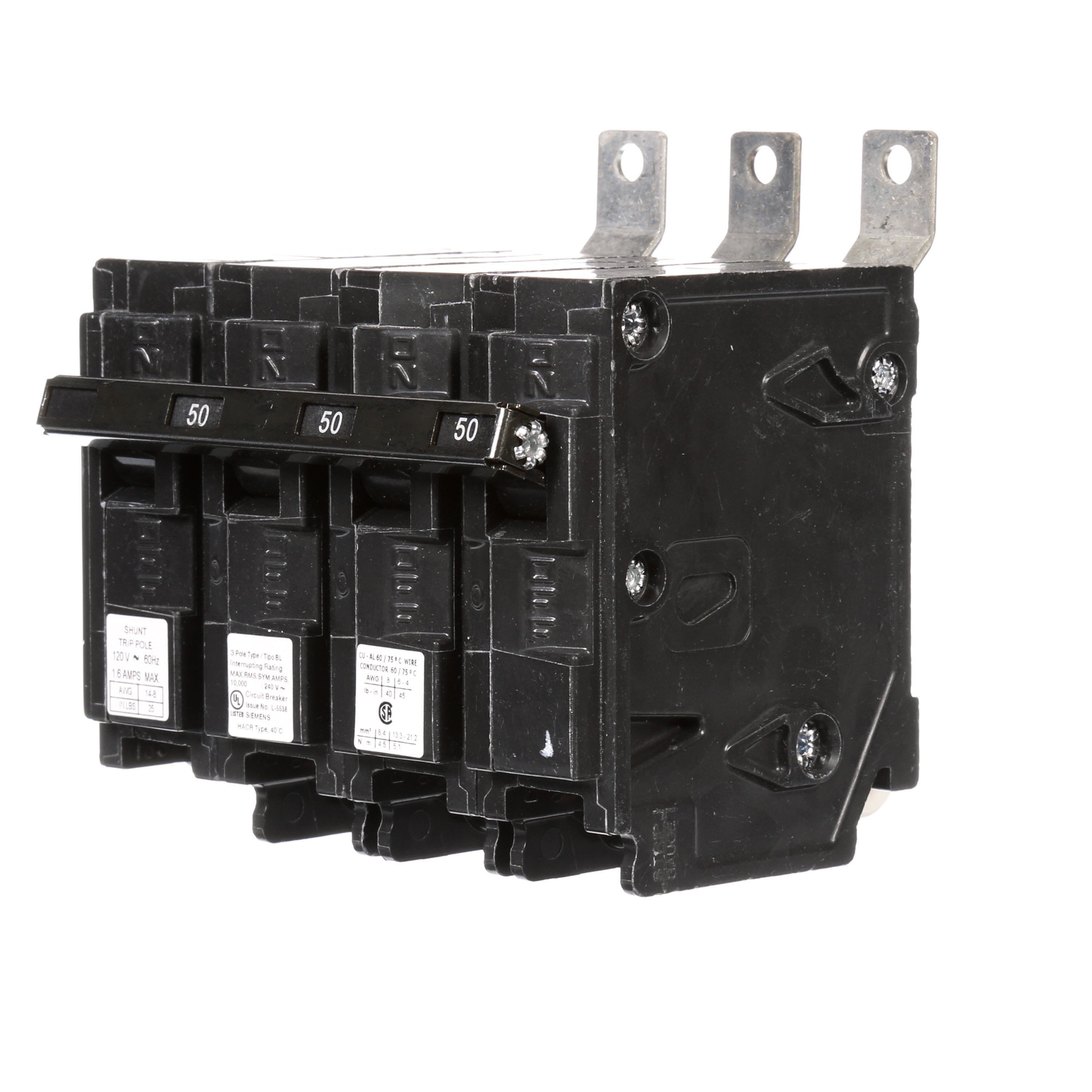 Siemens Low Voltage Molded Case Circuit Breakers Panelboard Mounting 240V Circuit Breakers - Type BL, 3-Pole, 240VAC are Circuit Protection Molded Case CircuitBreakers. Type BL Special Features Shunt Trip 120V Application Electrical Distribution Standard UL 489 Voltage Rating 120/240V Amperage Rating 50A Trip Range Thermal Magnetic Interrupt Rating 10 AIC Number Of Poles 3P