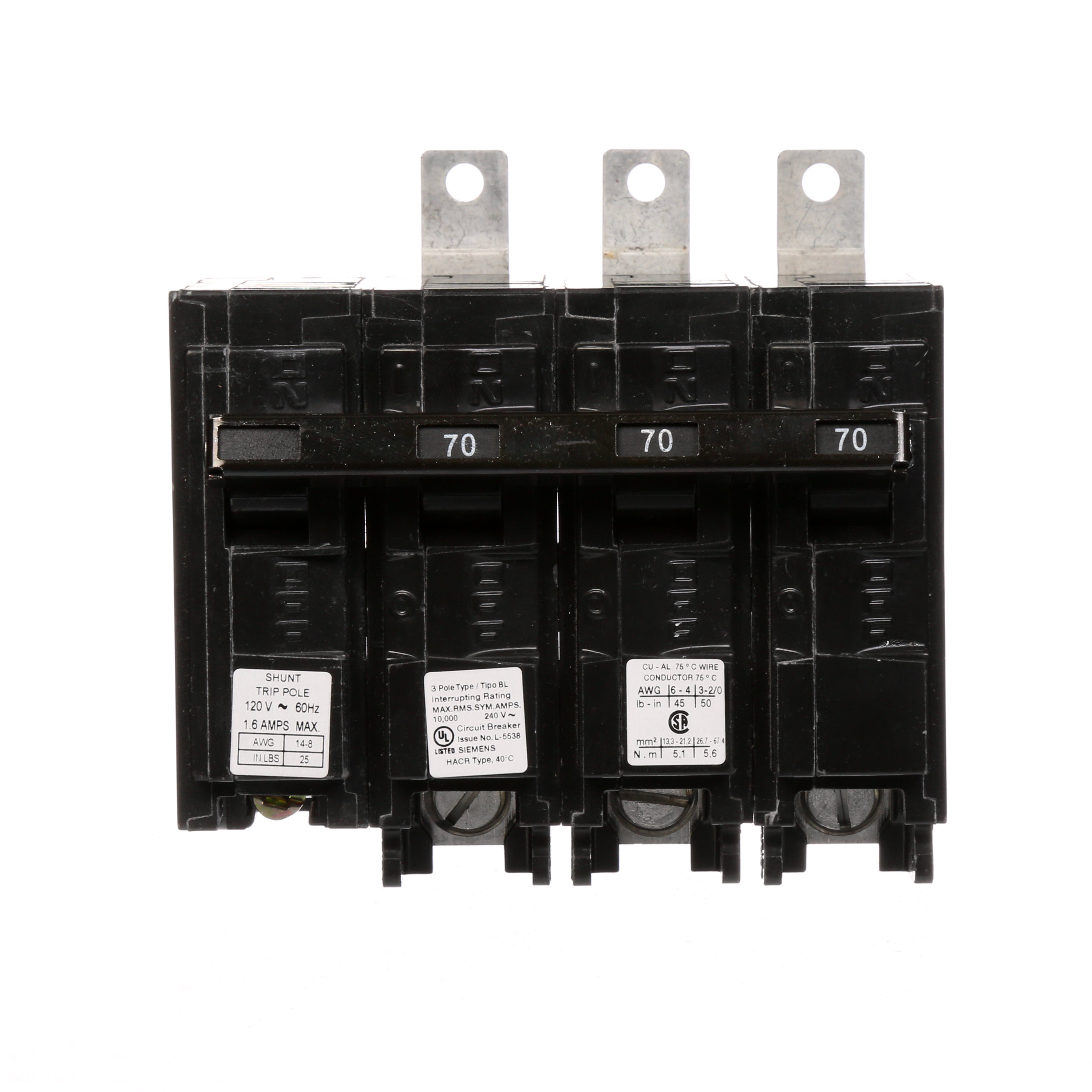 Siemens Low Voltage Molded Case Circuit Breakers Panelboard Mounting 240V Circuit Breakers - Type BL, 3-Pole, 240VAC are Circuit Protection Molded Case CircuitBreakers. Type BL Special Features Shunt Trip 120V Application Electrical Distribution Standard UL 489 Voltage Rating 120/240V Amperage Rating 70A Trip Range Thermal Magnetic Interrupt Rating 10 AIC Number Of Poles 3P