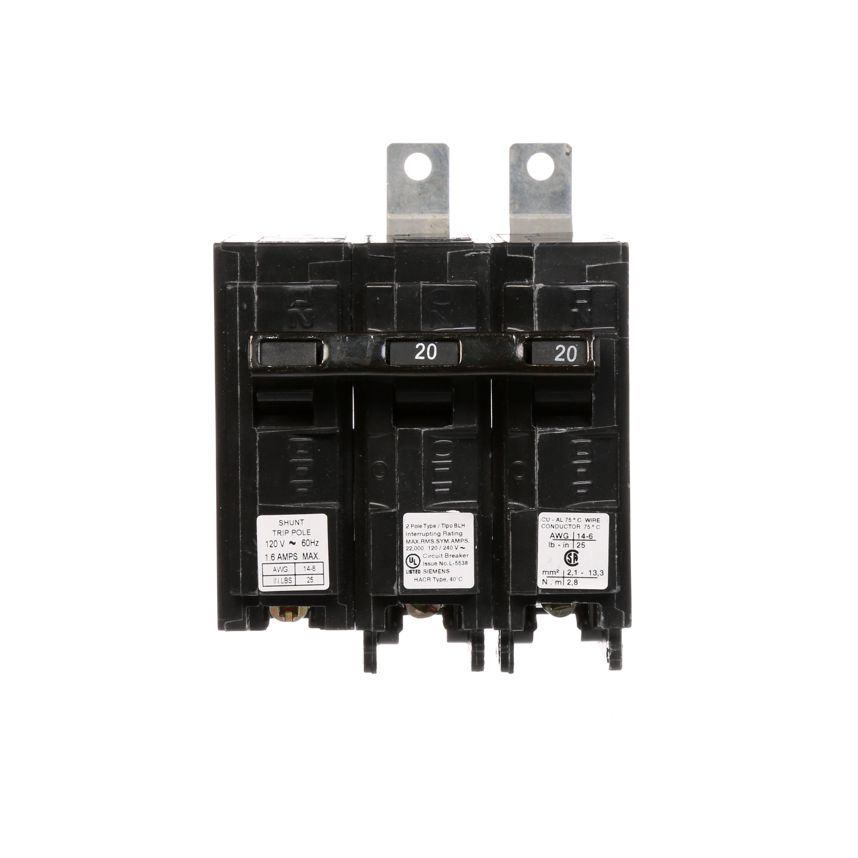 BREAKER 20A 2P 120/240V 22K BLH 120V ST 22 KAIC, W/120V S.T. FACTORY INSTALLED