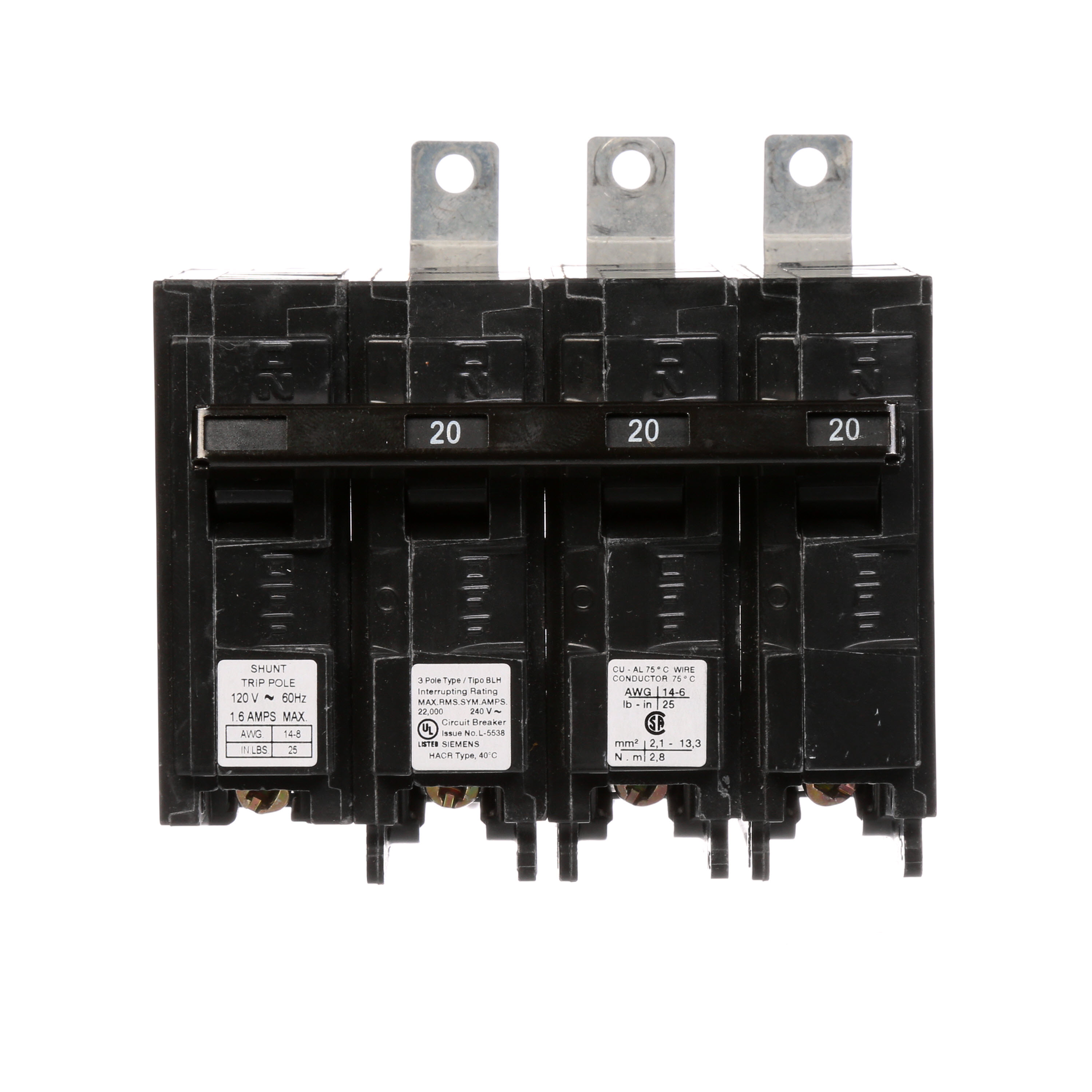Siemens Low Voltage Molded Case Circuit Breakers Panelboard Mounting 240V Circuit Breakers - Type BL, 3-Pole, 240VAC are Circuit Protection Molded Case CircuitBreakers. Type BLH Special Features Shunt Trip 120V Application Electrical Distribution Standard UL 489 Voltage Rating 120/240V Amperage Rating 20A Trip Range Thermal Magnetic Interrupt Rating 22 AIC Number Of Poles 3P