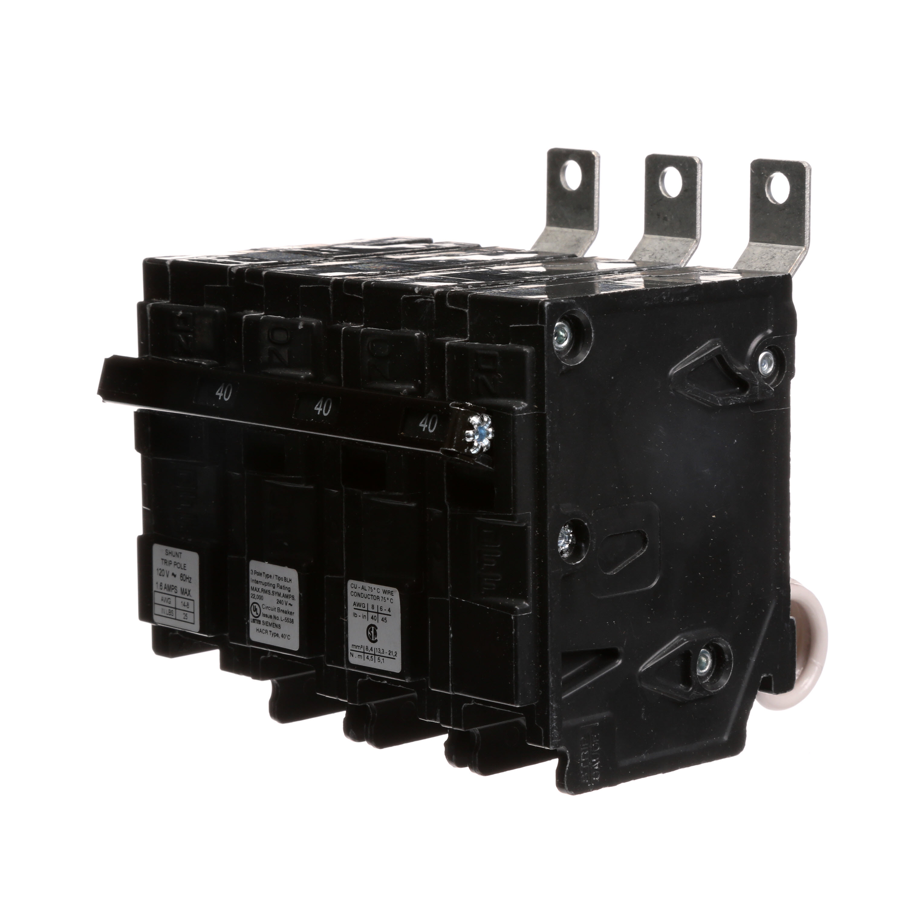 Siemens Low Voltage Molded Case Circuit Breakers Panelboard Mounting 240V Circuit Breakers - Type BL, 3-Pole, 240VAC are Circuit Protection Molded Case CircuitBreakers. Type BLH Special Features Shunt Trip 120V Application Electrical Distribution Standard UL 489 Voltage Rating 120/240V Amperage Rating 40A Trip Range Thermal Magnetic Interrupt Rating 22 AIC Number Of Poles 3P