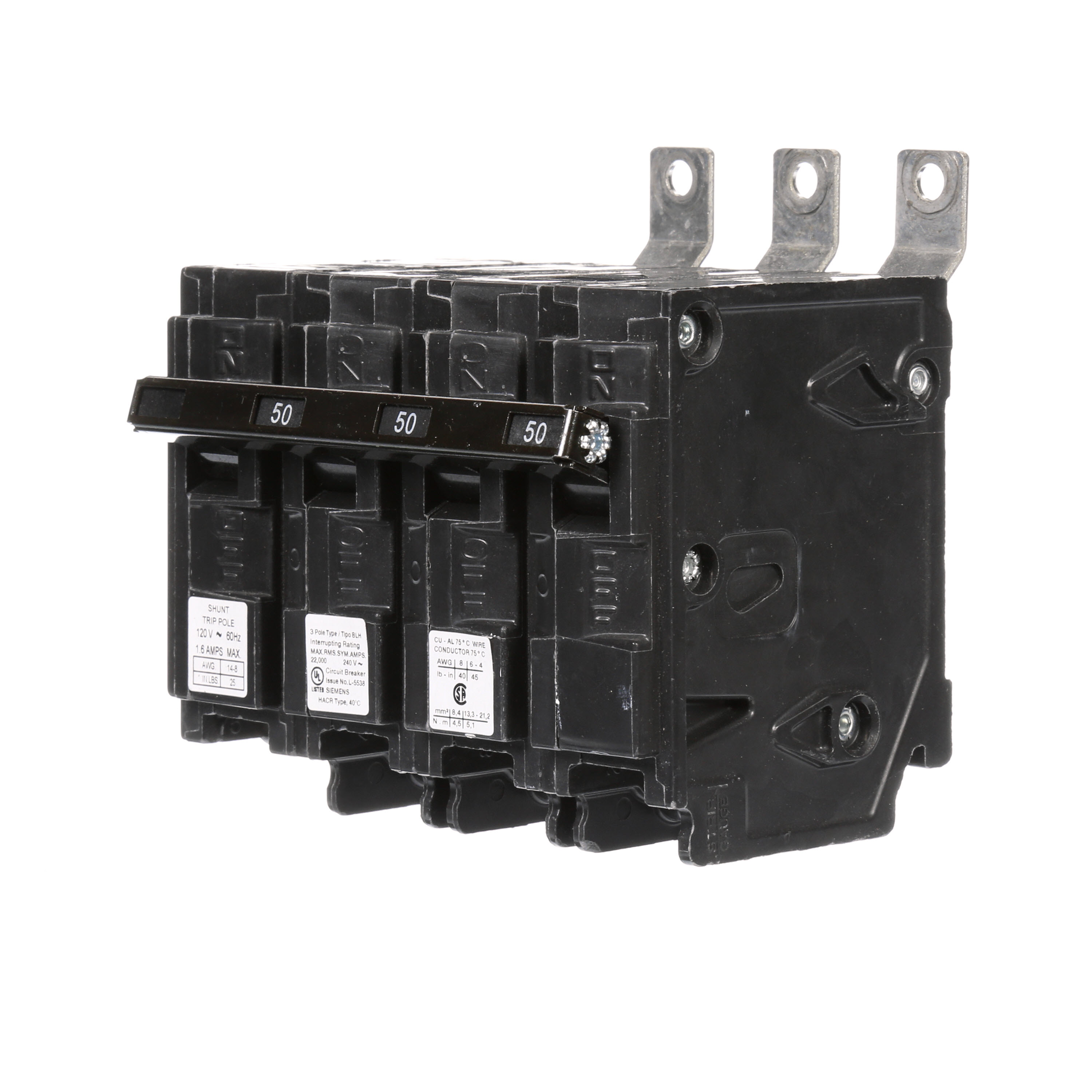 Siemens Low Voltage Molded Case Circuit Breakers Panelboard Mounting 240V Circuit Breakers - Type BL, 3-Pole, 240VAC are Circuit Protection Molded Case CircuitBreakers. Type BLH Special Features Shunt Trip 120V Application Electrical Distribution Standard UL 489 Voltage Rating 120/240V Amperage Rating 50A Trip Range Thermal Magnetic Interrupt Rating 22 AIC Number Of Poles 3P