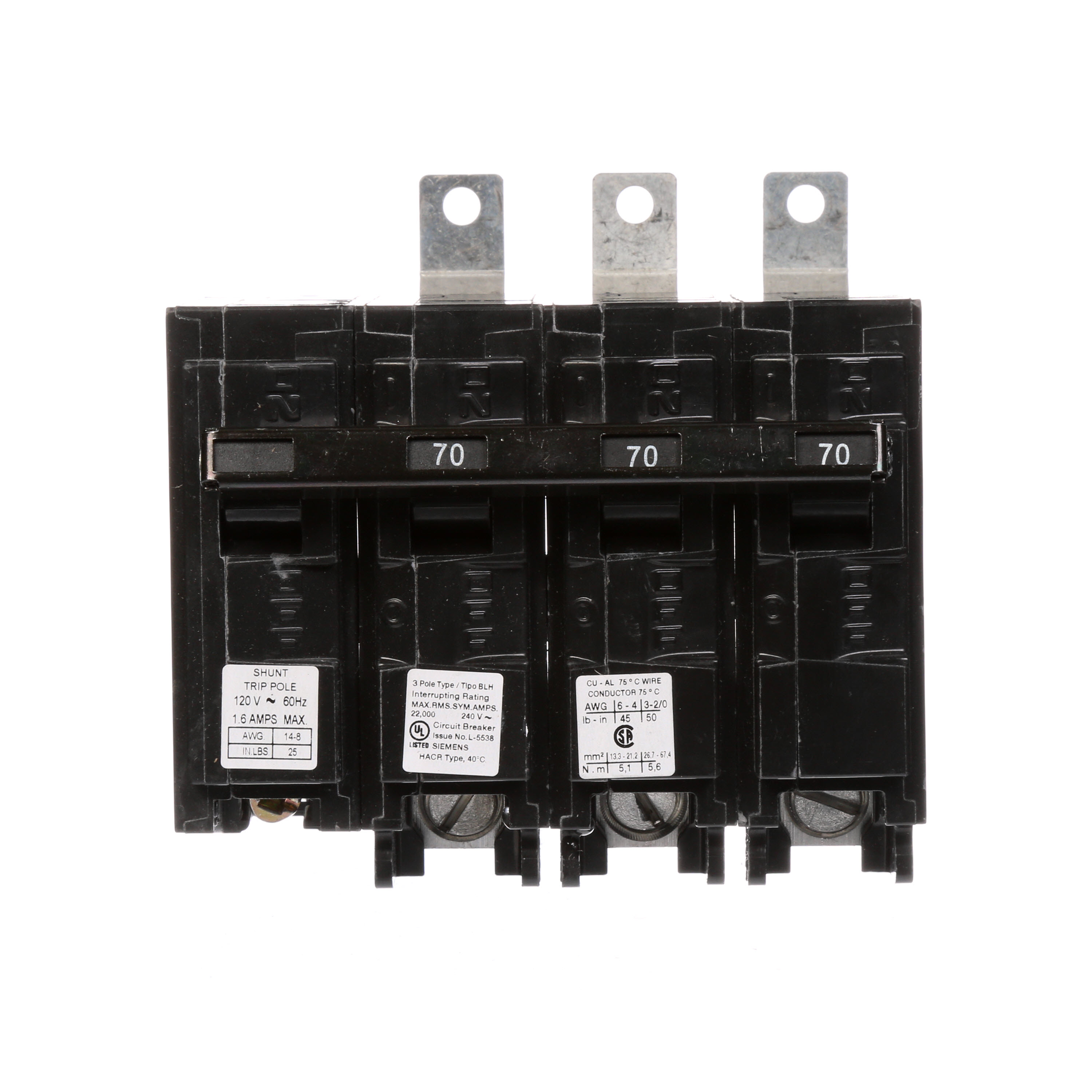 Siemens Low Voltage Molded Case Circuit Breakers Panelboard Mounting 240V Circuit Breakers - Type BL, 3-Pole, 240VAC are Circuit Protection Molded Case CircuitBreakers. Type BLH Special Features Shunt Trip 120V Application Electrical Distribution Standard UL 489 Voltage Rating 120/240V Amperage Rating 70A Trip Range Thermal Magnetic Interrupt Rating 22 AIC Number Of Poles 3P