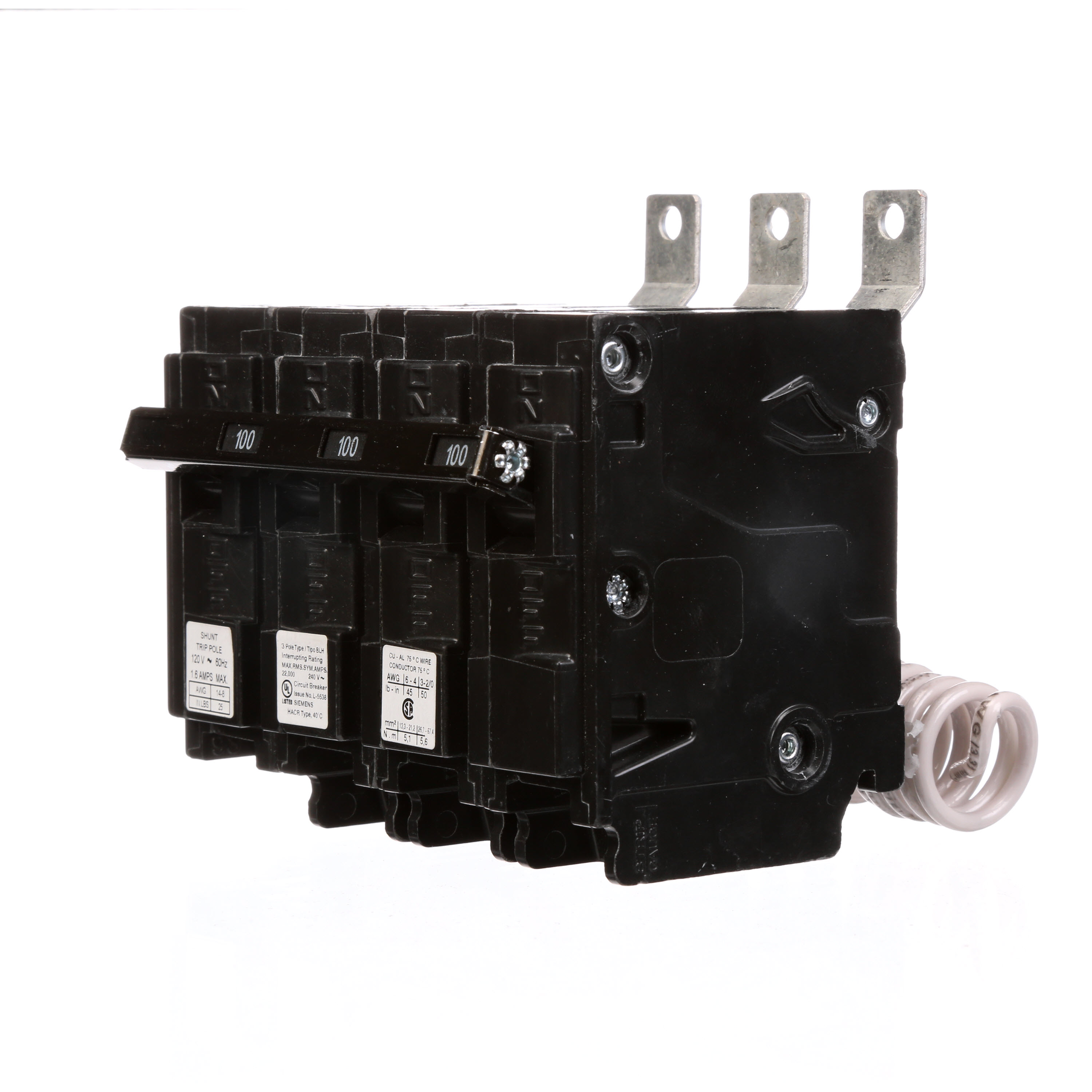 Siemens Low Voltage Molded Case Circuit Breakers Panelboard Mounting 240V Circuit Breakers - Type BL, 3-Pole, 240VAC are Circuit Protection Molded Case CircuitBreakers. Type BLH Special Features Shunt Trip 120V Application Electrical Distribution Standard UL 489 Voltage Rating 120/240V Amperage Rating 100A Trip RangeThermal Magnetic Interrupt Rating 22 AIC Number Of Poles 3P