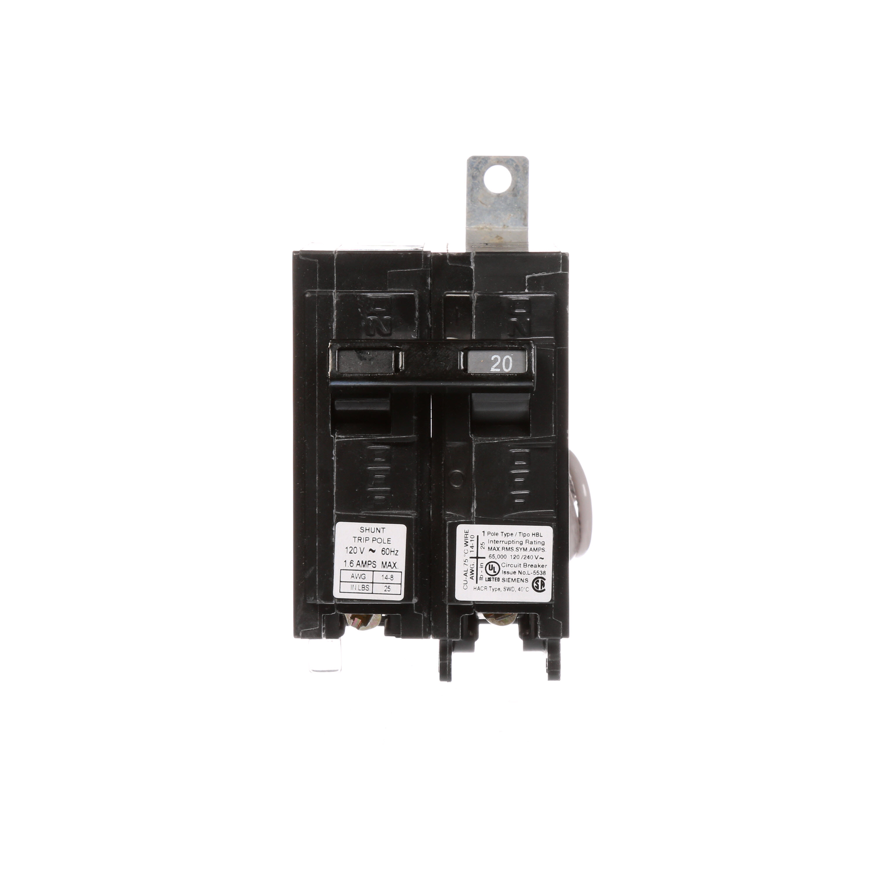 BREAKER 20A 1P 120V 65K HBL 120V SHUNT 65 KAIC, W/120V S.T. FACTORY INSTALLED