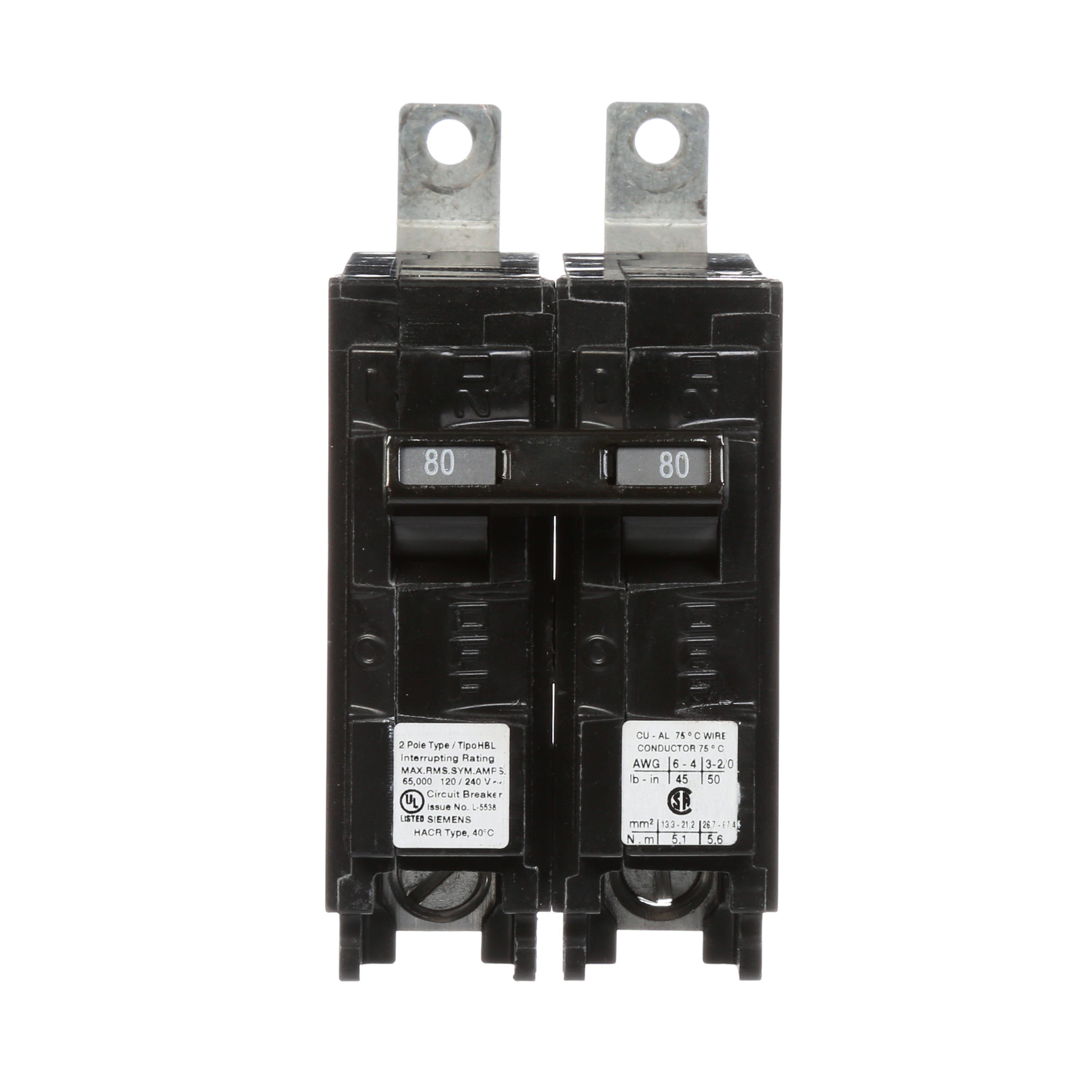 Siemens Low Voltage Molded Case Circuit Breakers Panelboard Mounting 240V Circuit Breakers - Type BL, 2-Pole, 120/240VAC are Circuit Protection Molded Case Circuit Breakers. Type HBL Application Electrical Distribution Standard UL 489 Voltage Rating 120/240V A mperage Rating 80A Trip Range Thermal Magnetic Interrupt Rating 65 AIC Number Of Poles 2P