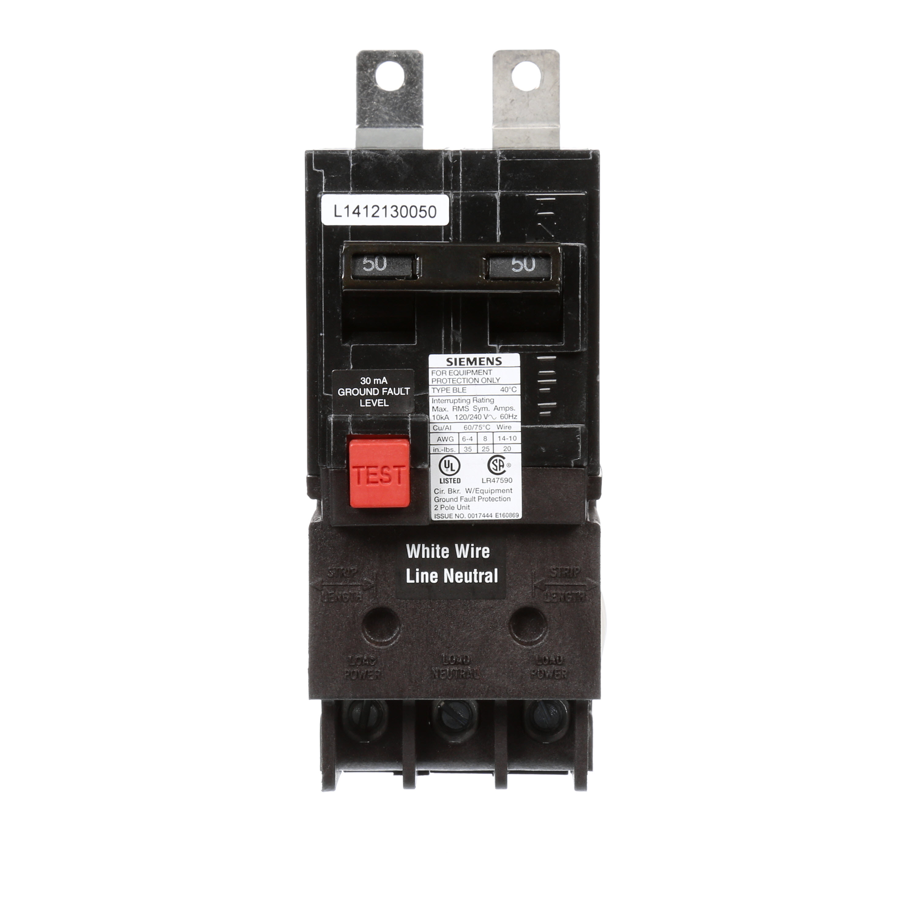 Siemens Low Voltage Molded Case Circuit Breakers Panelboard Mounting 240V GFCI Circuit Breakers - 2-Pole, GFCI - BLE, 10KAIC, 120/240VAC are Circuit ProtectionMolded Case Circuit Breakers. Sub Brand N/A Type BL Special Features N/A Application Electrical Distribution Standard UL 489 Voltage Rating 120/240V Amperage Rating 50A Load Rating N/A Frequency Rating N/A Phase N/A Frame N/A Trip Type N/ATrip Range Thermal Magnetic Interrupt Rating 10 AIC Number Of Poles 2P