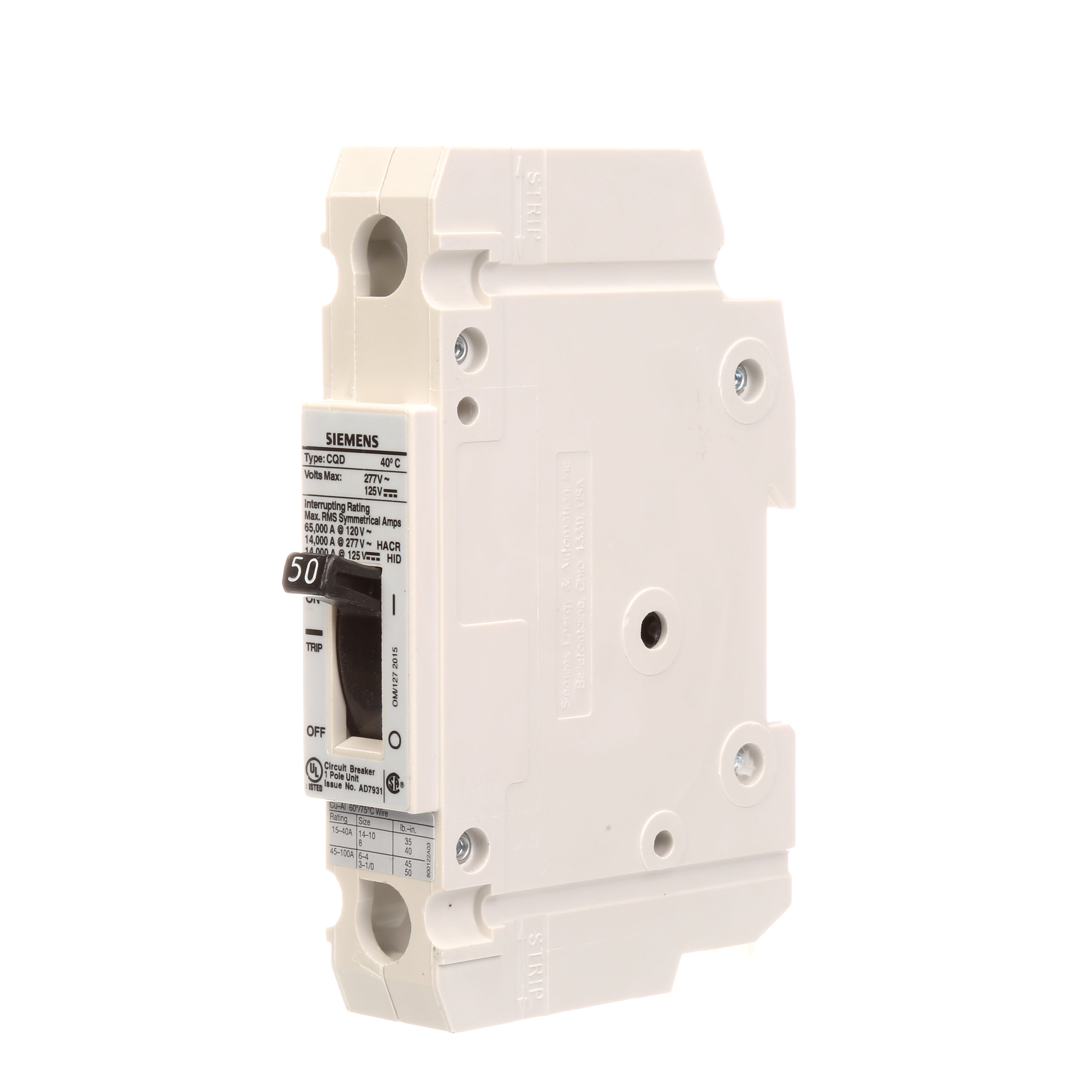 Siemens Low Voltage Molded Case Circuit Breakers General Purpose MCCBs - 1-pole, TM - CQD, 14KAIC, 277VAC are Circuit Protection Molded Case Circuit Breakers. BREAKER CQD 1-POLE50A 277VAC 14KAL DIN RAIL