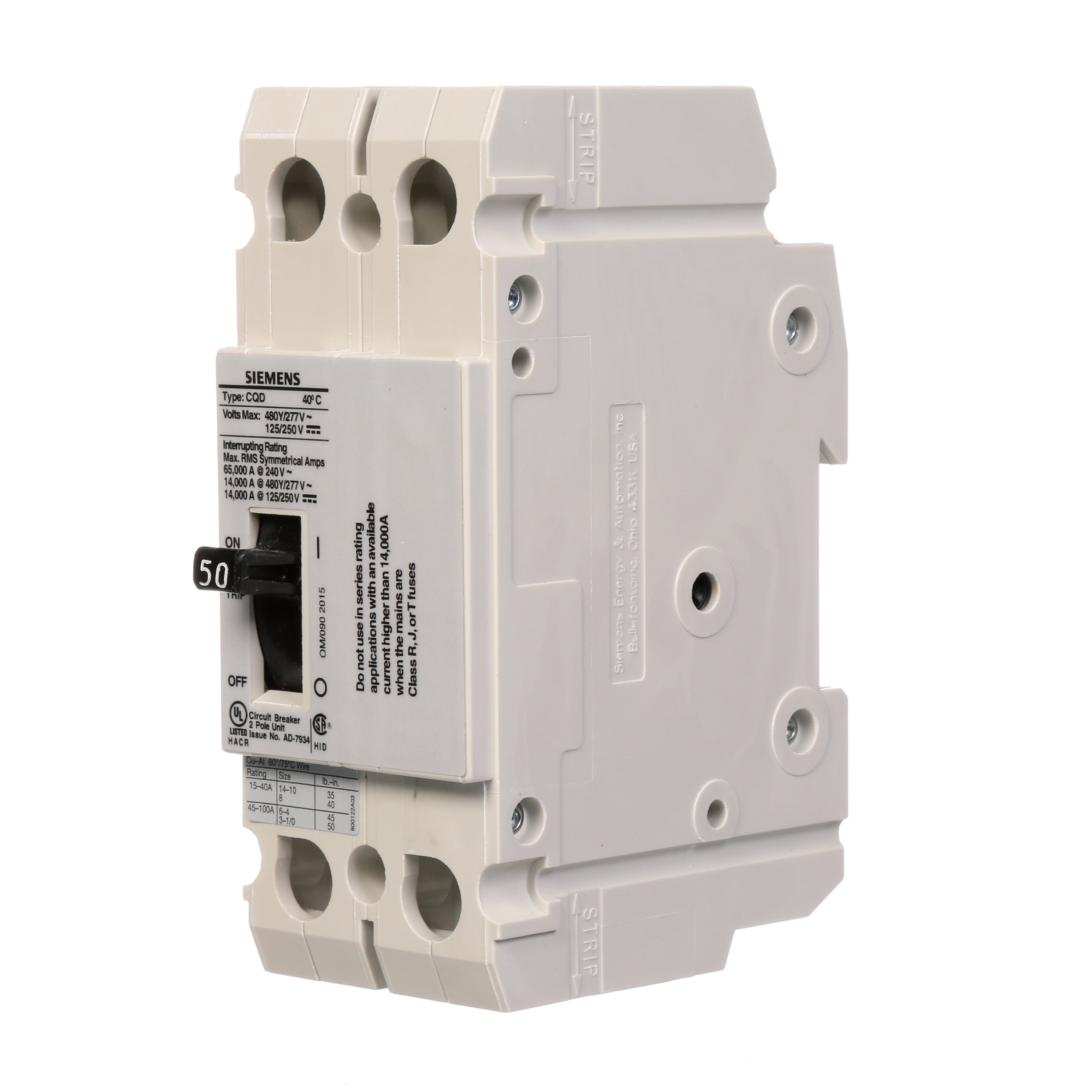 Siemens Low Voltage Molded Case Circuit Breakers General Purpose MCCBs - 2-pole, TM - CQD, 14KAIC, 480/277VAC are Circuit Protection Molded Case Circuit Breakers. BREAKER CQD 2-POLE50A 480/277V 14KA DIN RAIL