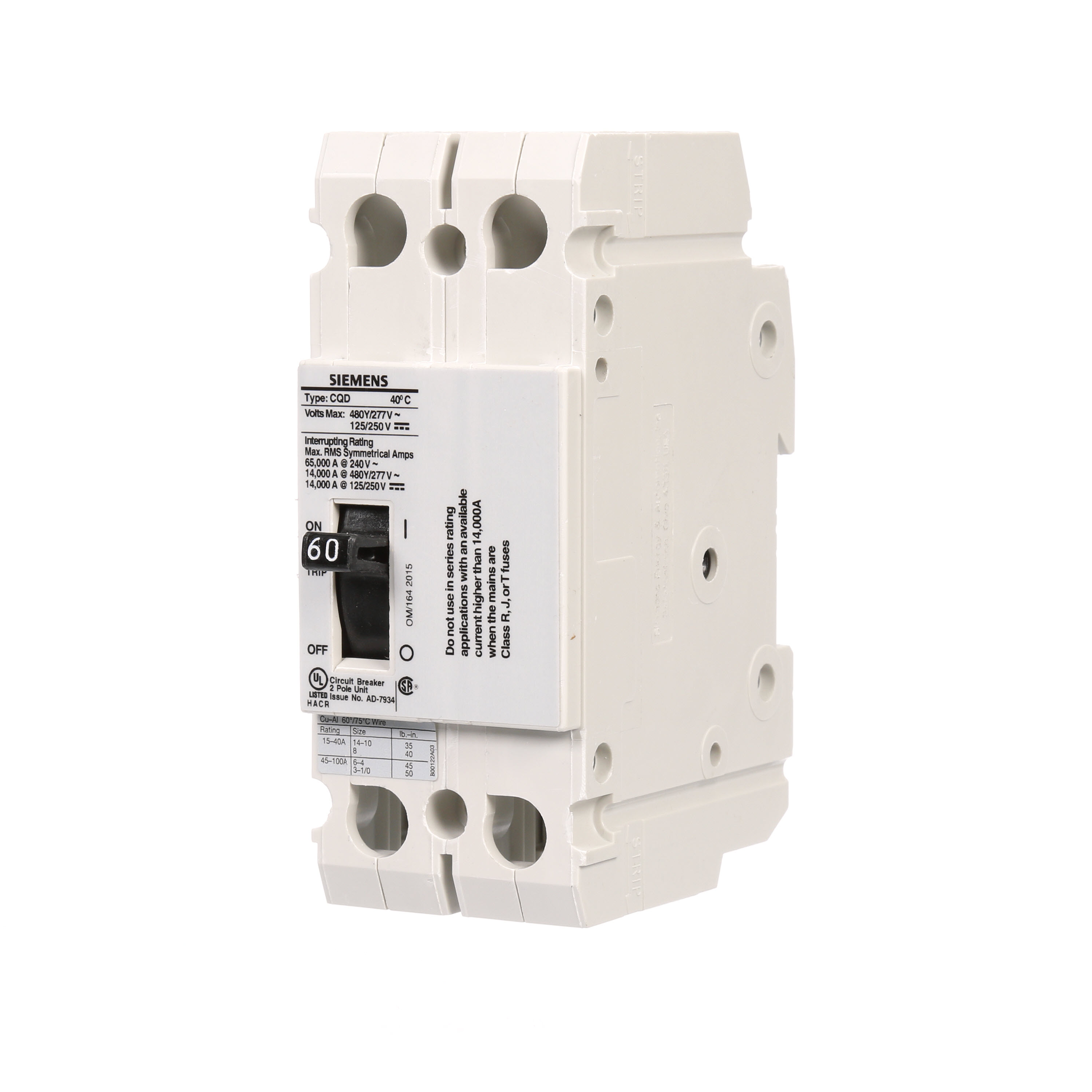 Product image for Siemens CQD260 BREAKER CQD 2P 60A 480/2