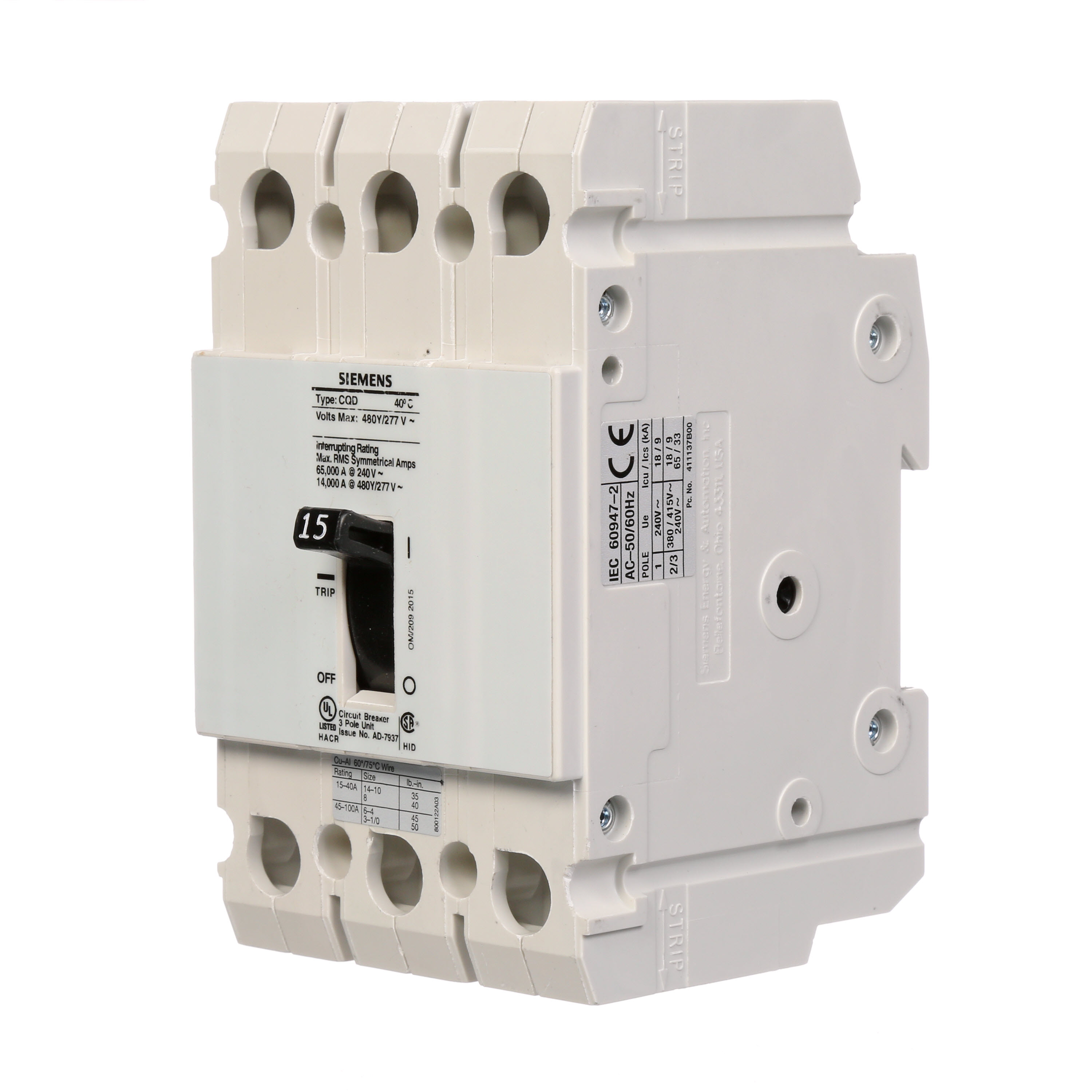 BREAKER CQD 3P 15A 480/277V 14KA DIN SIE SIEMENS