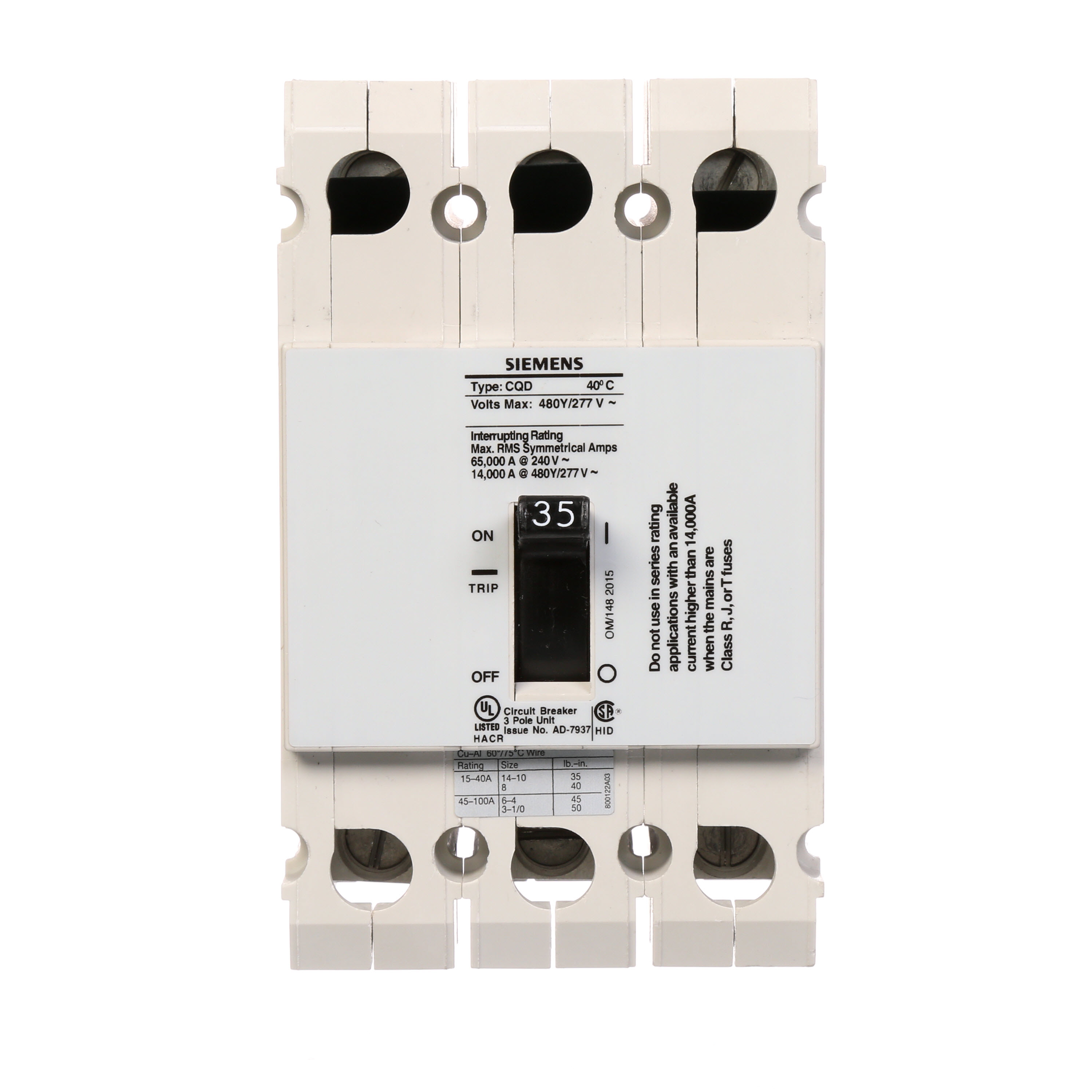 Siemens Low Voltage Molded Case Circuit Breakers General Purpose MCCBs - 3-pole, TM - CQD, 14KAIC, 480/277VAC are Circuit Protection Molded Case Circuit Breakers. BREAKER CQD 3-POLE35A 480/277V 14KA DIN RAIL