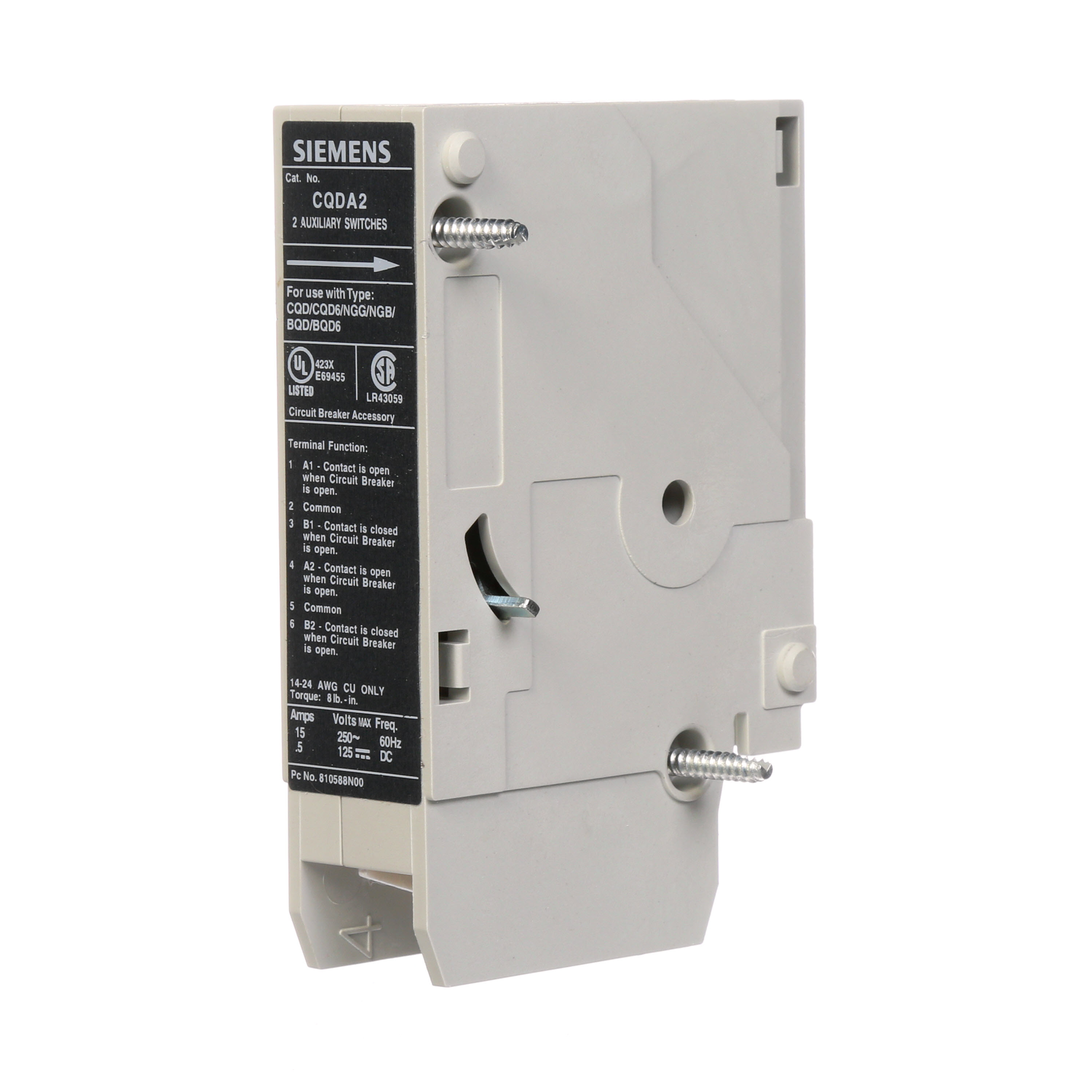Siemens Low Voltage Molded Case Circuit Breakers General Purpose MCCBs - 3-pole, TM - CQD6, 10KAIC, 600/347VAC are Circuit Protection Molded Case Circuit Breakers. BREAKER CQD 240VAC 2A-2B AUX SW