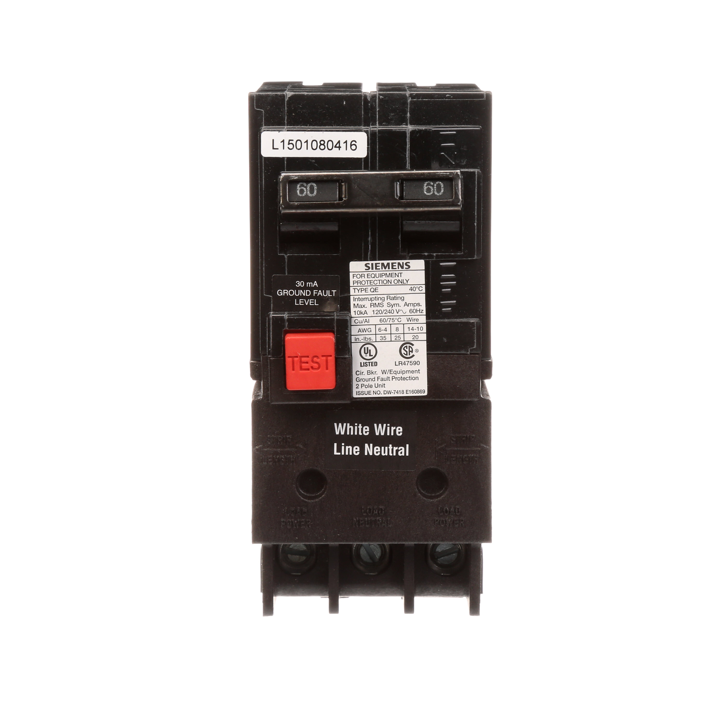 Siemens Low Voltage Residential Circuit Breakers Miniature Circuit Breakers GFCI - Equipment Protect 2-pole plug-on 10k are Circuit Protection Load Center Mains, Feeders, and Miniature Circuit Breakers. Sub Brand N/A Type QE Special Features N/A Application Electrical Distribution Standard UL 489 Voltage Rating 120/240V Amperage Rating 60A Load Rating N/A Frequency Rating N/A Phase N/A Frame N/A Trip Type N/A Trip Range Thermal Magnetic Interrupt Rating 10 AIC Number Of Poles 2P