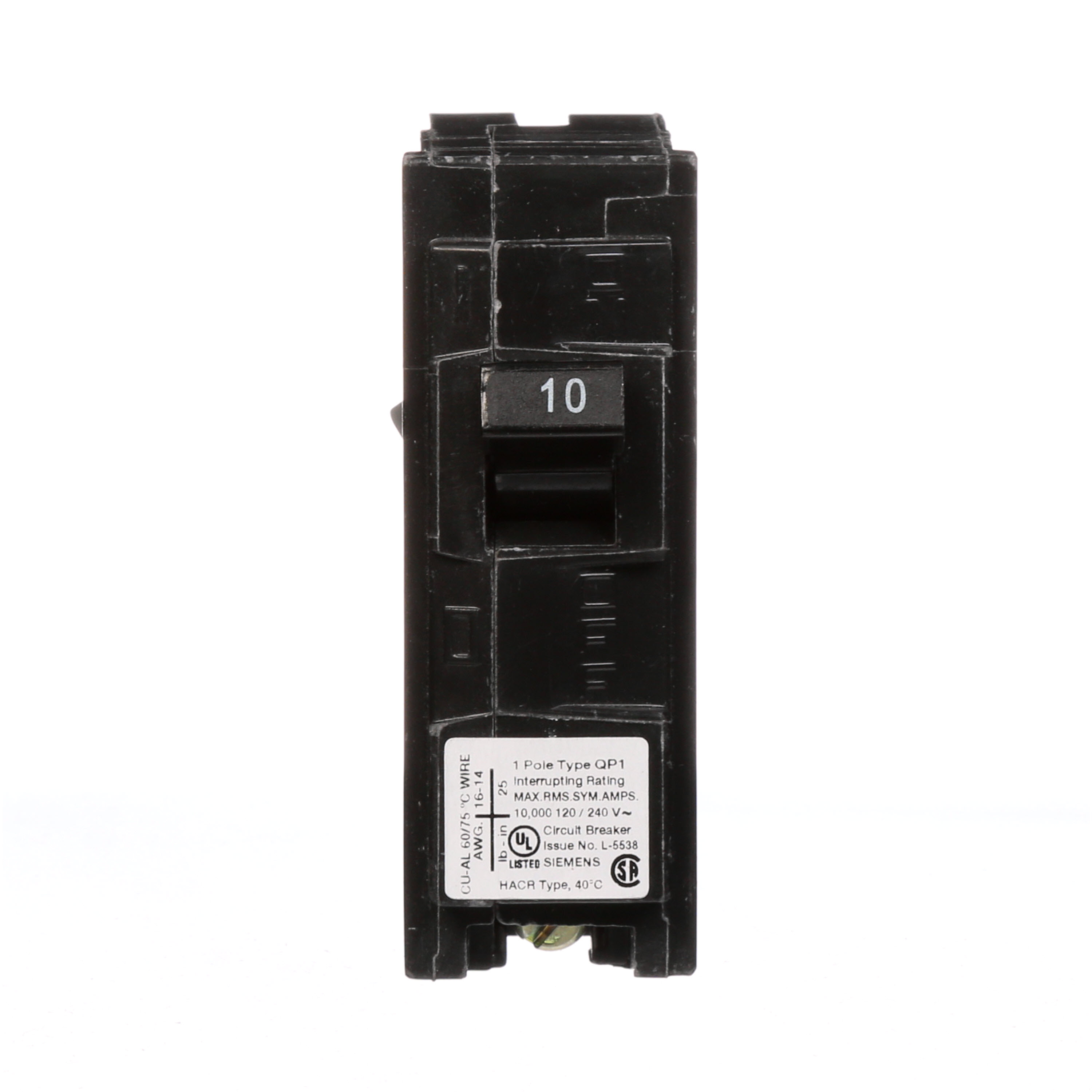 Siemens Low Voltage Residential Circuit Breakers Miniature Thermal Mag Circuit Breakers - Type QP/MP 1-pole 10k are Circuit Protection Load Center Mains, Feeders, and Miniature Circuit Breakers. Type QP/MP Application Electrical Distribution Standard UL 489 Voltage Rating 120V Amperage Rating 10A Trip Range Thermal Magnetic Interrupt Rating 10 AIC Number Of Poles 1P