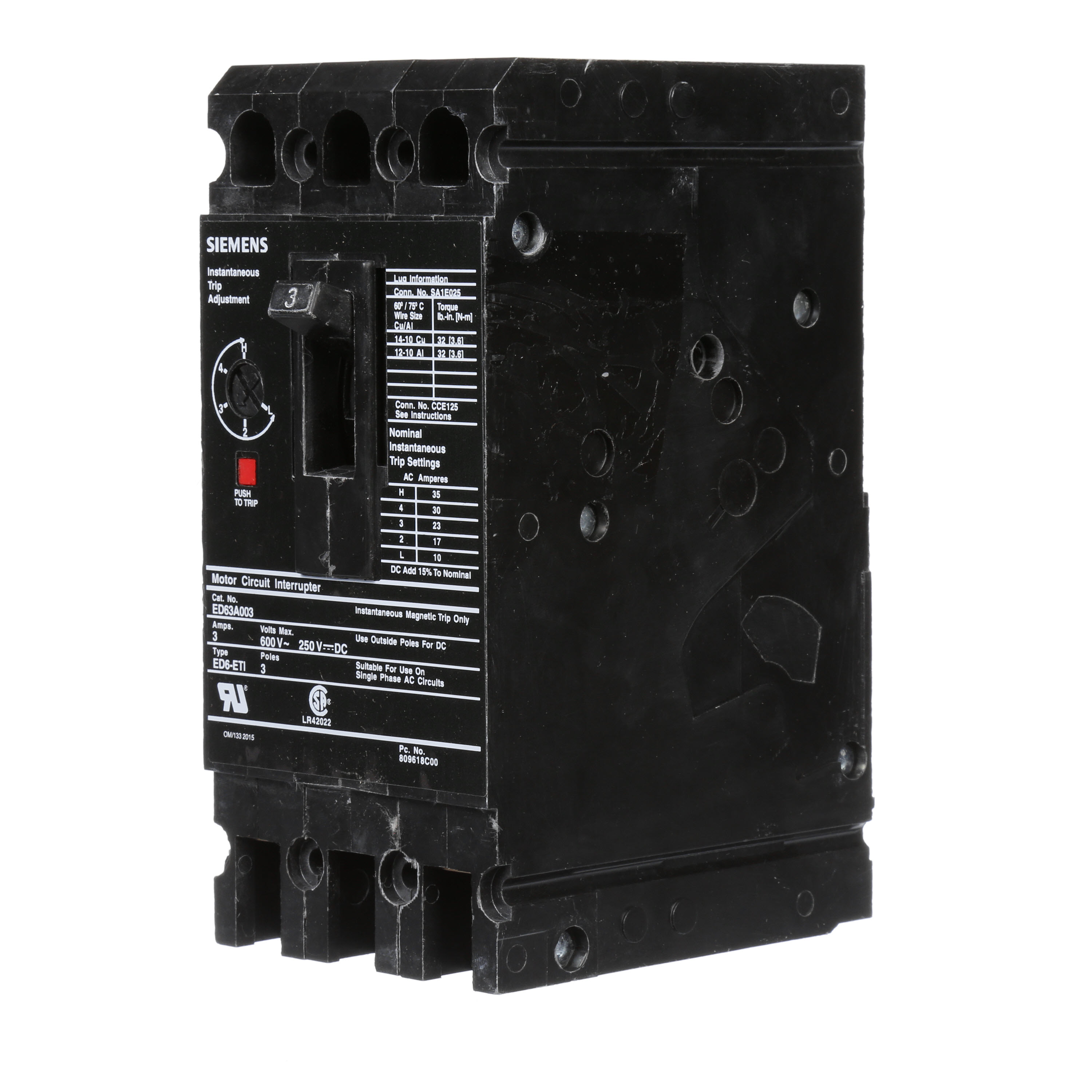 SIEMENS LOW VOLTAGE SENTRON MOLDED CASE CIRCUIT BREAKER WITH THERMAL - MAGNETICTRIP UNIT. STANDARD 40 DEG C BREAKER ED FRAME WITH EXTRA HIGH BREAKING CAPACITY. 25A 3-POLE (18KAIC AT 600V) (65KAIC AT 480V). NON-INTERCHANGEABLE TRIP UNIT. SPECIAL FEATURES LOAD LUGS ONLY (SA1E025) WIRE RANGE 14 - 10AWG (CU) / 12 - 10AWG(AL). DIMENSIONS (W x H x D) IN 3.00 x 6.5 x 3.92.