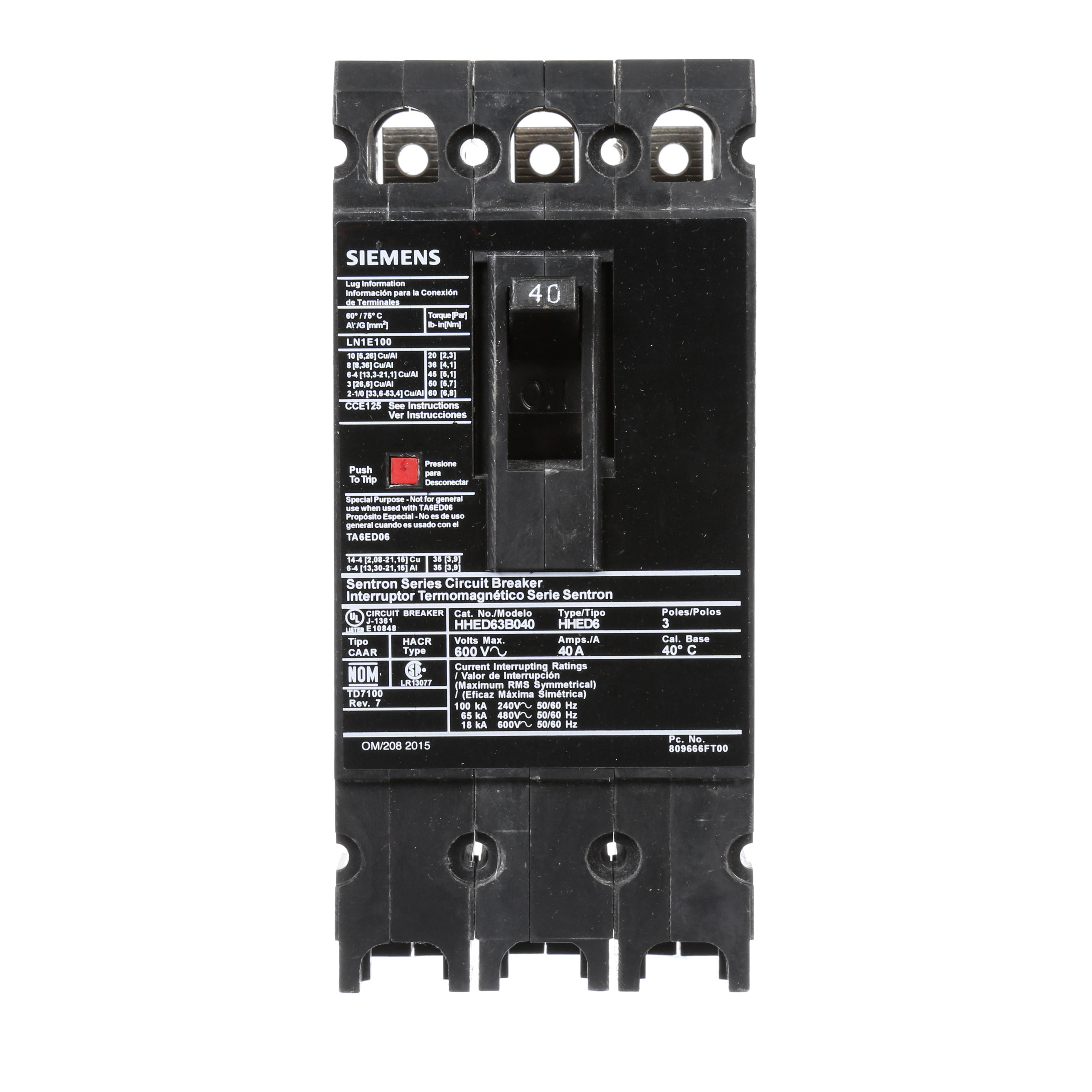 SIEMENS LOW VOLTAGE SENTRON MOLDED CASE CIRCUIT BREAKER WITH THERMAL - MAGNETICTRIP UNIT. STANDARD 40 DEG C BREAKER ED FRAME WITH EXTRA HIGH BREAKING CAPACITY. 40A 3-POLE (18KAIC AT 600V) (65KAIC AT 480V). NON-INTERCHANGEABLE TRIP UNIT. SPECIAL FEATURES LOAD LUGS ONLY (LN1E100) WIRE RANGE 10 - 1/0AWG (CU/AL). DIMENSIONS (W x H x D) IN 3.00 x 6.5 x 3.92.