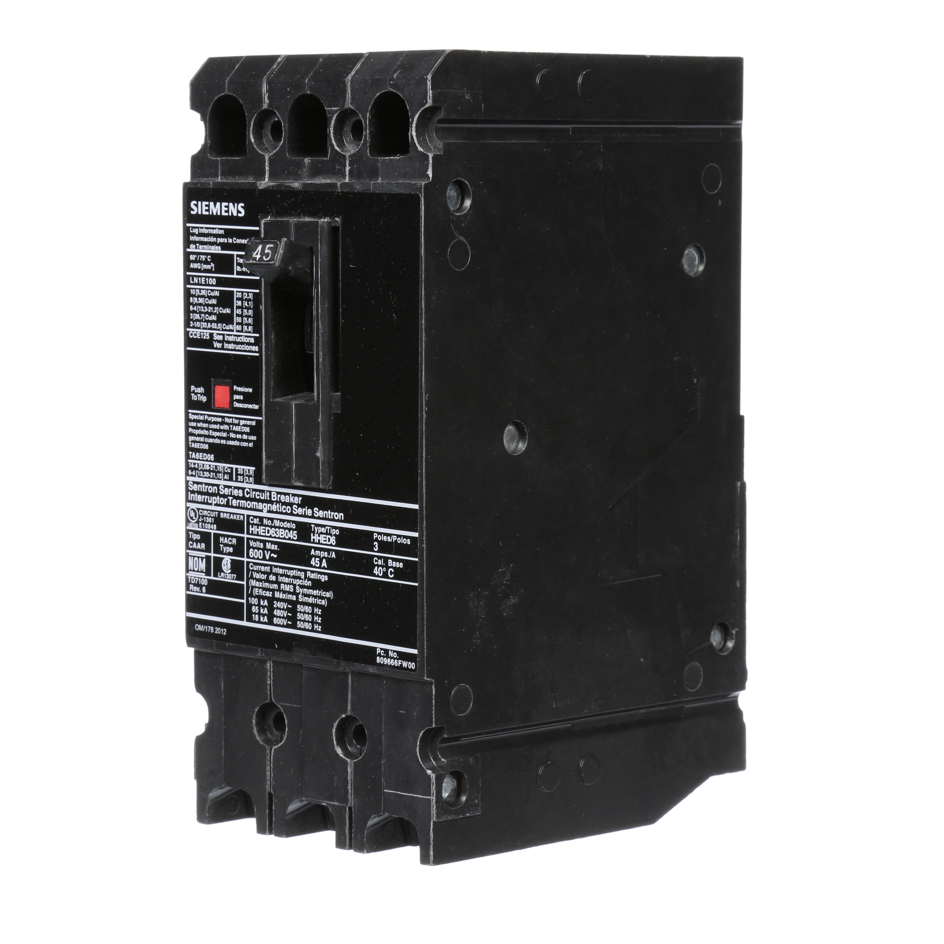 SIEMENS LOW VOLTAGE SENTRON MOLDED CASE CIRCUIT BREAKER WITH THERMAL - MAGNETICTRIP UNIT. STANDARD 40 DEG C BREAKER ED FRAME WITH EXTRA HIGH BREAKING CAPACITY. 45A 3-POLE (18KAIC AT 600V) (65KAIC AT 480V). NON-INTERCHANGEABLE TRIP UNIT. SPECIAL FEATURES LOAD LUGS ONLY (LN1E100) WIRE RANGE 10 - 1/0AWG (CU/AL). DIMENSIONS (W x H x D) IN 3.00 x 6.5 x 3.92.