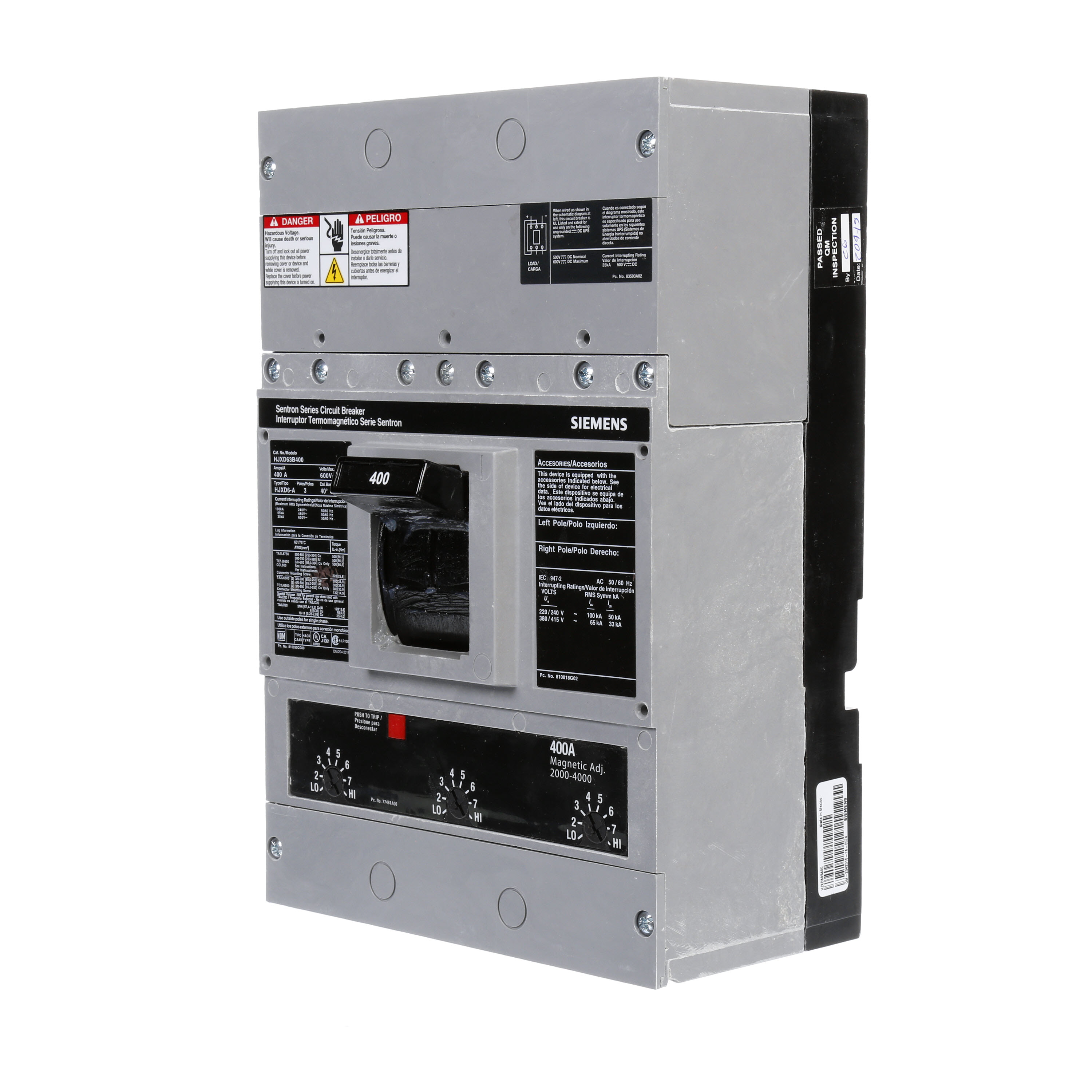 SIEMENS LOW VOLTAGE SENTRON MOLDED CASE CIRCUIT BREAKER WITH THERMAL - MAGNETICTRIP UNIT. ASSEMBLED STANDARD 40 DEG C BREAKER JD FRAME WITH HIGH BREAKING CAPACITY. 400A 3-POLE (35KAIC AT 600V) (65KAIC AT 480V). NON-INTERCHANGEABLE TRIP UNIT. SPECIAL FEATURES NO LUGS INSTALLED. DIMENSIONS (W x H x D) IN 7.50 x 11.0 x 4.00.