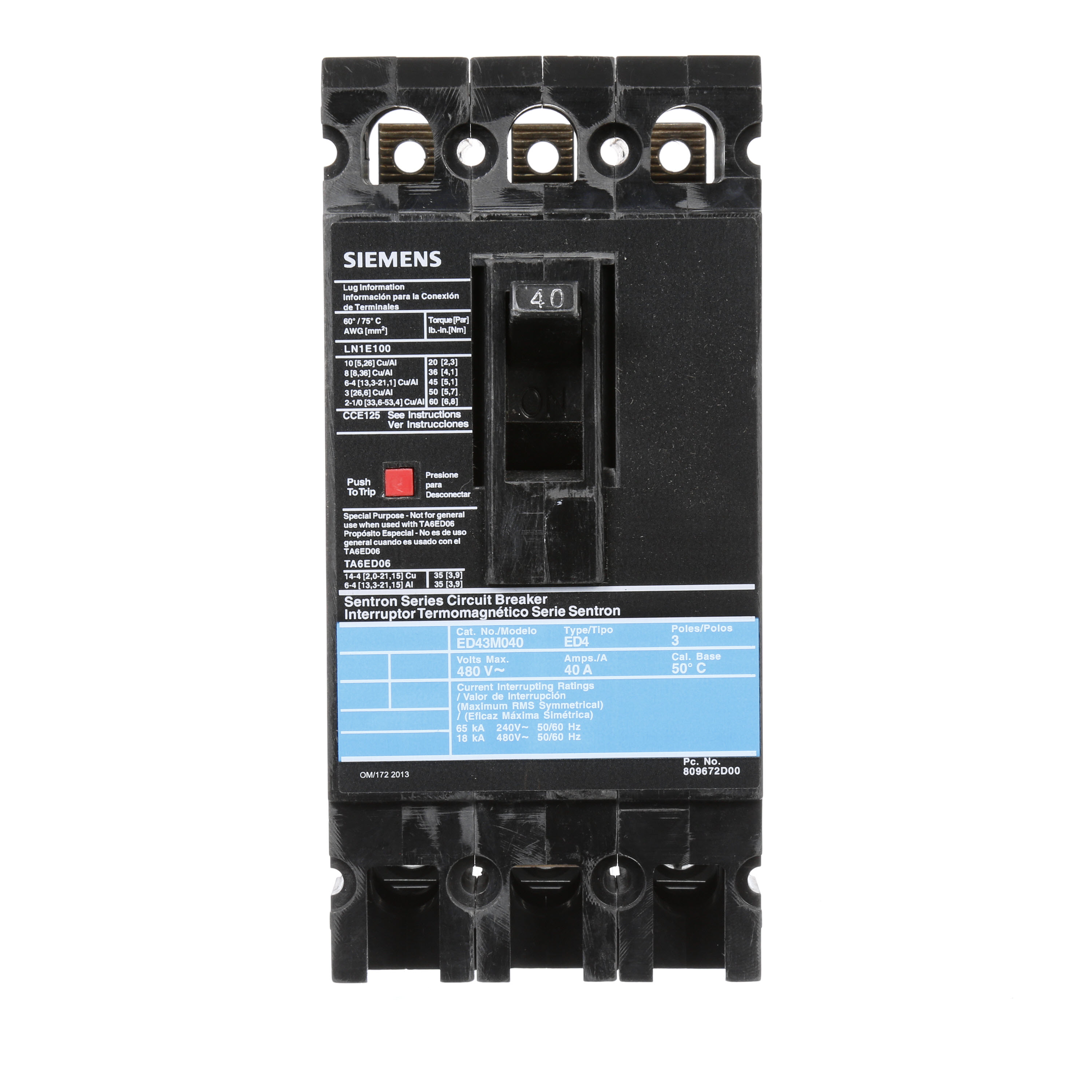 SIEMENS LOW VOLTAGE SENTRON MOLDED CASE CIRCUIT BREAKER WITH THERMAL - MAGNETICTRIP UNIT. 50DEG C CALIBRATED BREAKER ED FRAME WITH STANDARD BREAKING CAPACITY.40A 3-POLE (18KAIC AT 480V). NON-INTERCHANGEABLE TRIP UNIT. SPECIAL FEATURES LOAD LUGS ONLY (LN1E100) WIRE RANGE 10 - 1/0AWG (CU/AL). DIMENSIONS (W x H x D) IN3.00 x 6.4 x 3.92.