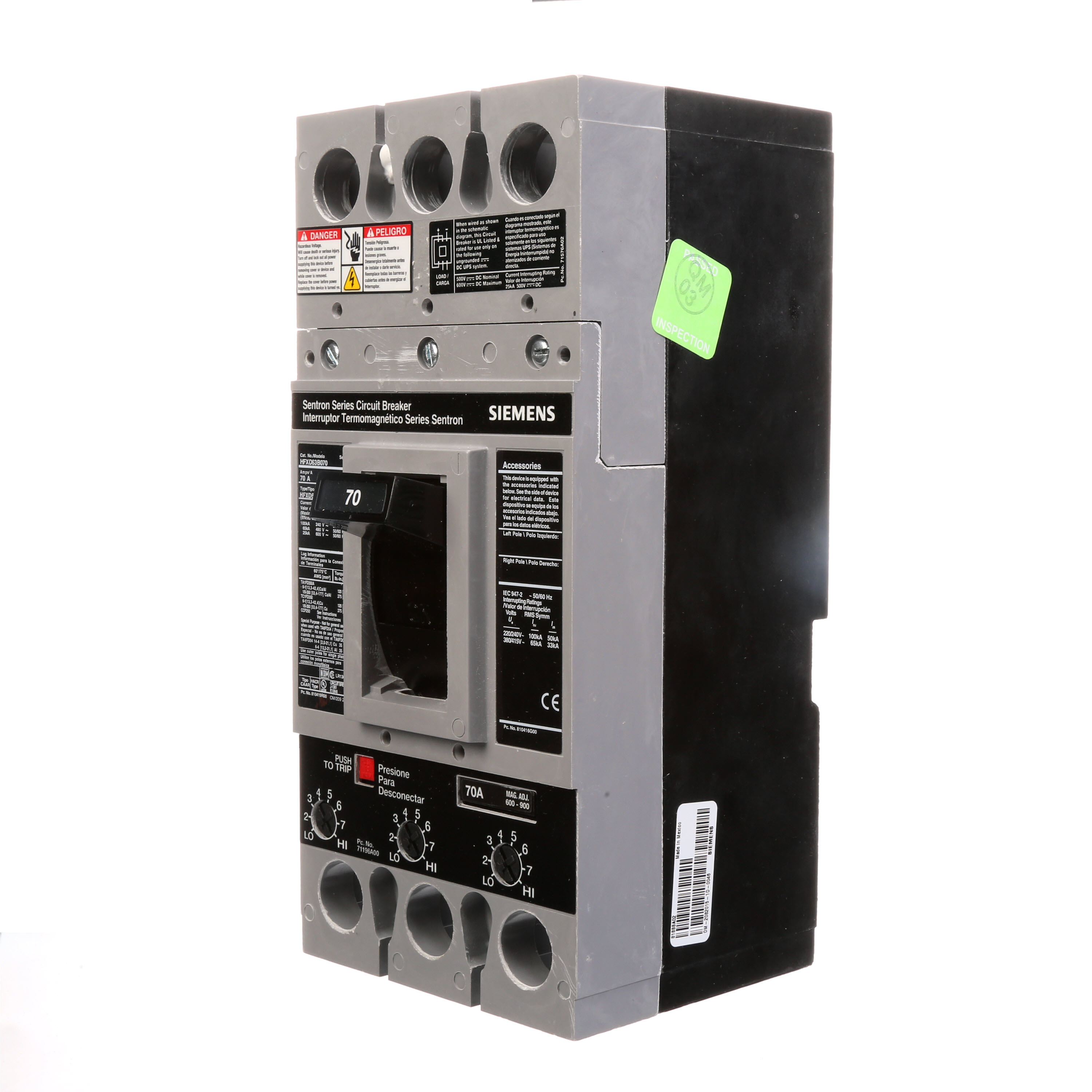 SIEMENS LOW VOLTAGE SENTRON MOLDED CASE CIRCUIT BREAKER WITH THERMAL - MAGNETICTRIP UNIT. ASSEMBLED STANDARD 40 DEG C BREAKER FD FRAME WITH HIGH BREAKING CAPACITY. 70A 3-POLE (25KAIC AT 600V) (65KAIC AT 480V). NON-INTERCHANGEABLE TRIP UNIT. SPECIAL FEATURES NO LUGS INSTALLED. DIMENSIONS (W x H x D) IN 4.50 x 9.5 x 4.00.