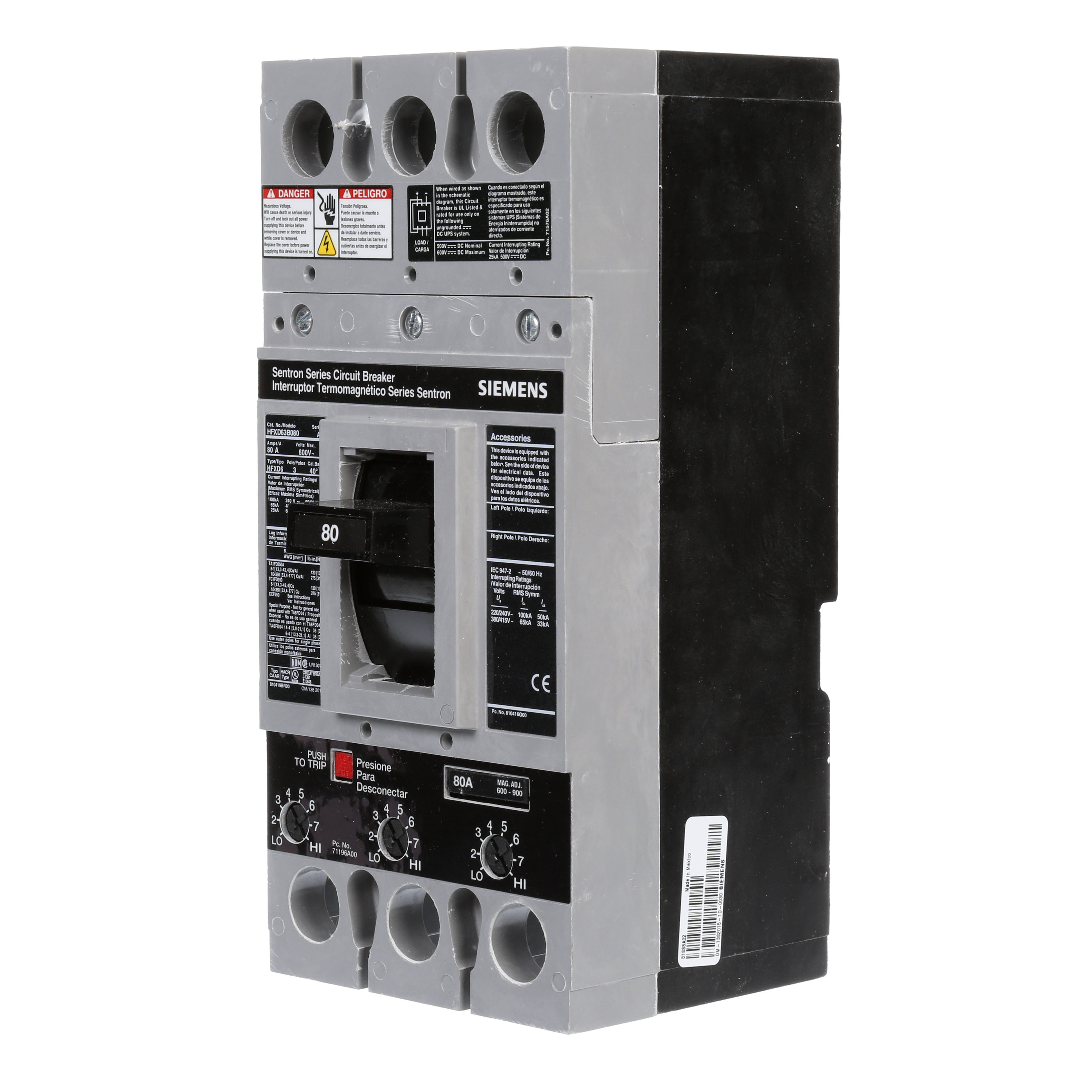 SIEMENS LOW VOLTAGE SENTRON MOLDED CASE CIRCUIT BREAKER WITH THERMAL - MAGNETICTRIP UNIT. ASSEMBLED STANDARD 40 DEG C BREAKER FD FRAME WITH HIGH BREAKING CAPACITY. 80A 3-POLE (25KAIC AT 600V) (65KAIC AT 480V). NON-INTERCHANGEABLE TRIP UNIT. SPECIAL FEATURES NO LUGS INSTALLED. DIMENSIONS (W x H x D) IN 4.50 x 9.5 x 4.00.