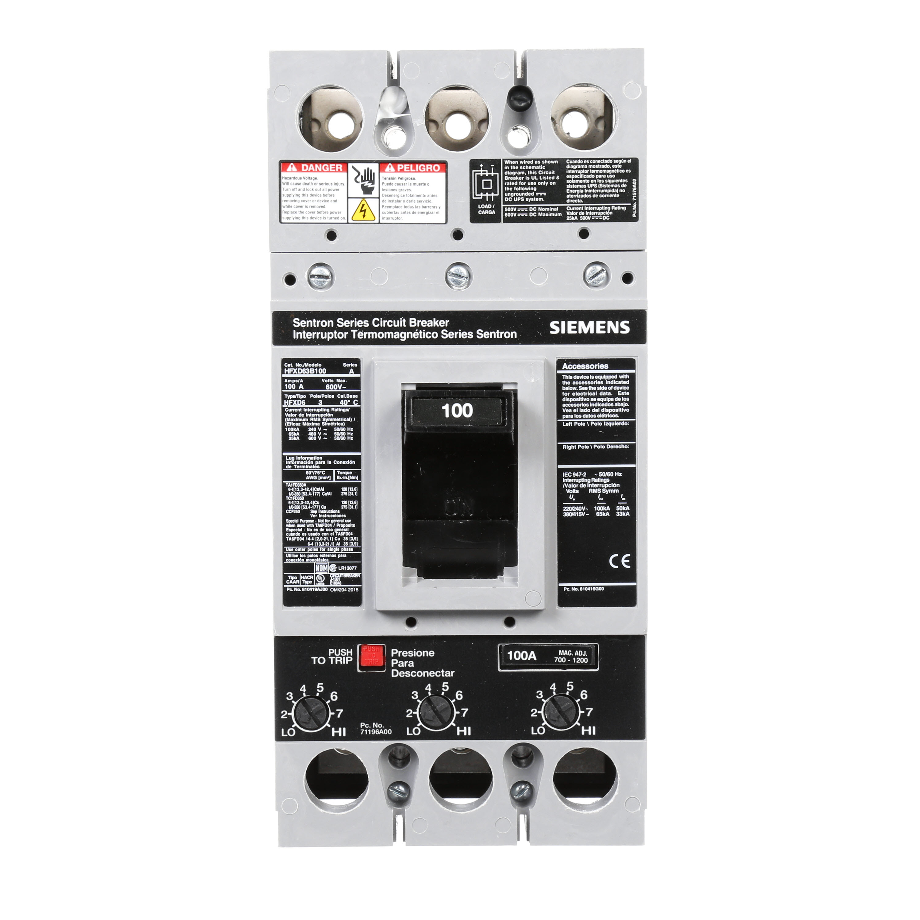 SIEMENS LOW VOLTAGE SENTRON MOLDED CASE CIRCUIT BREAKER WITH THERMAL - MAGNETICTRIP UNIT. ASSEMBLED STANDARD 40 DEG C BREAKER FD FRAME WITH HIGH BREAKING CAPACITY. 100A 3-POLE (25KAIC AT 600V) (65KAIC AT 480V). NON-INTERCHANGEABLE TRIP UNIT. SPECIAL FEATURES NO LUGS INSTALLED. DIMENSIONS (W x H x D) IN 4.50 x 9.5 x 4.00.