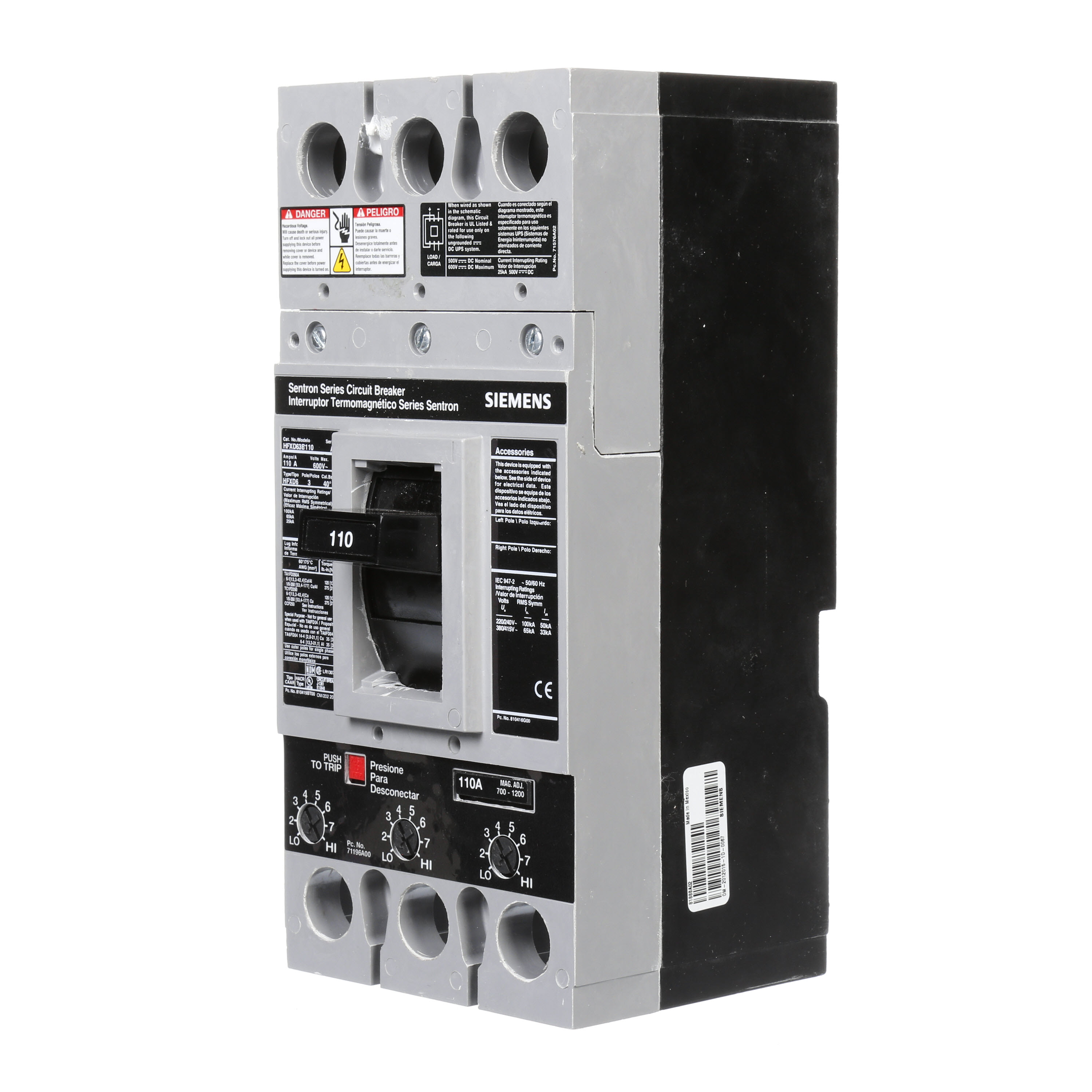 SIEMENS LOW VOLTAGE SENTRON MOLDED CASE CIRCUIT BREAKER WITH THERMAL - MAGNETICTRIP UNIT. ASSEMBLED STANDARD 40 DEG C BREAKER FD FRAME WITH HIGH BREAKING CAPACITY. 110A 3-POLE (25KAIC AT 600V) (65KAIC AT 480V). NON-INTERCHANGEABLE TRIP UNIT. SPECIAL FEATURES NO LUGS INSTALLED. DIMENSIONS (W x H x D) IN 4.50 x 9.5 x 4.00.