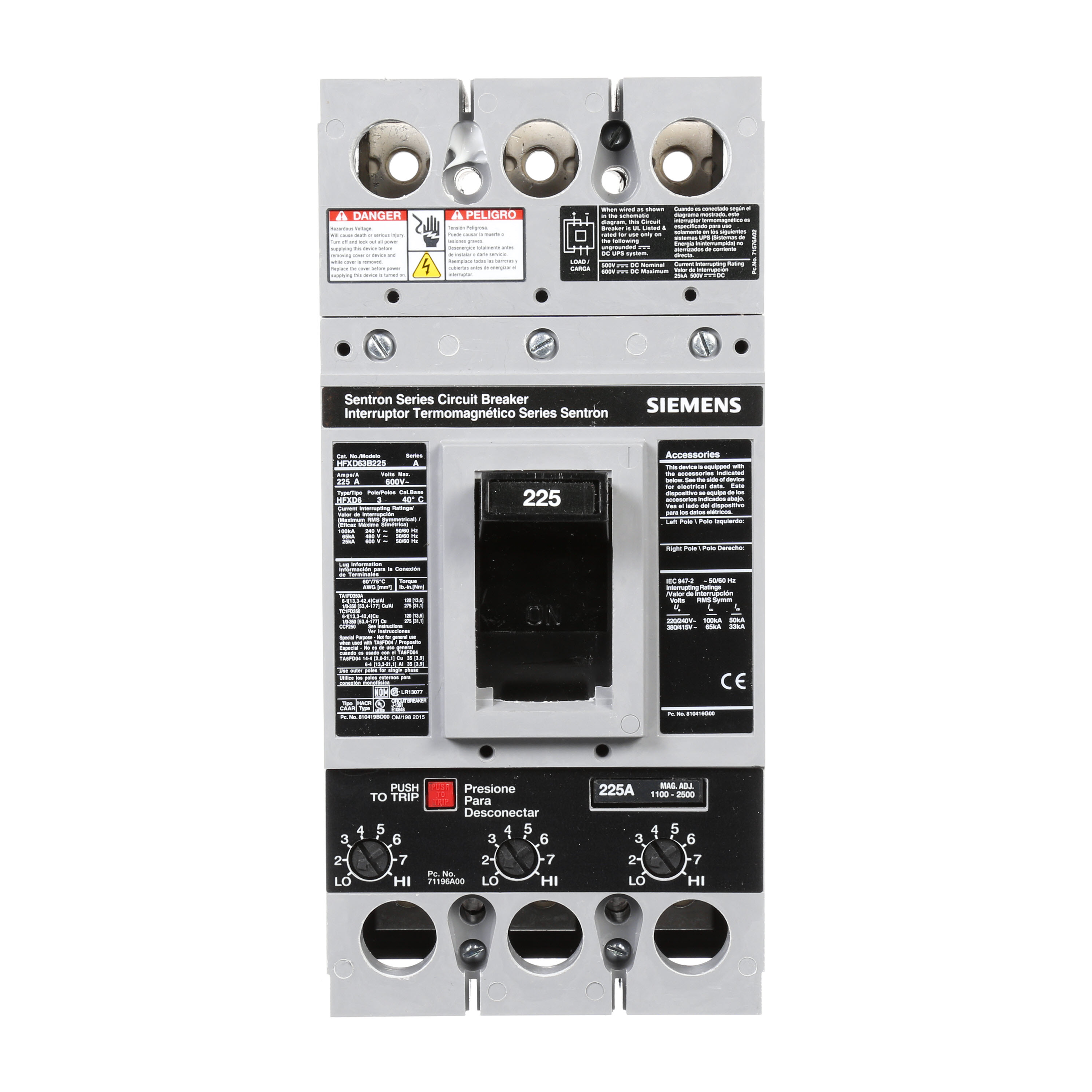 SIEMENS LOW VOLTAGE SENTRON MOLDED CASE CIRCUIT BREAKER WITH THERMAL - MAGNETICTRIP UNIT. ASSEMBLED STANDARD 40 DEG C BREAKER FD FRAME WITH HIGH BREAKING CAPACITY. 225A 3-POLE (25KAIC AT 600V) (65KAIC AT 480V). NON-INTERCHANGEABLE TRIP UNIT. SPECIAL FEATURES NO LUGS INSTALLED. DIMENSIONS (W x H x D) IN 4.50 x 9.5 x 4.00.