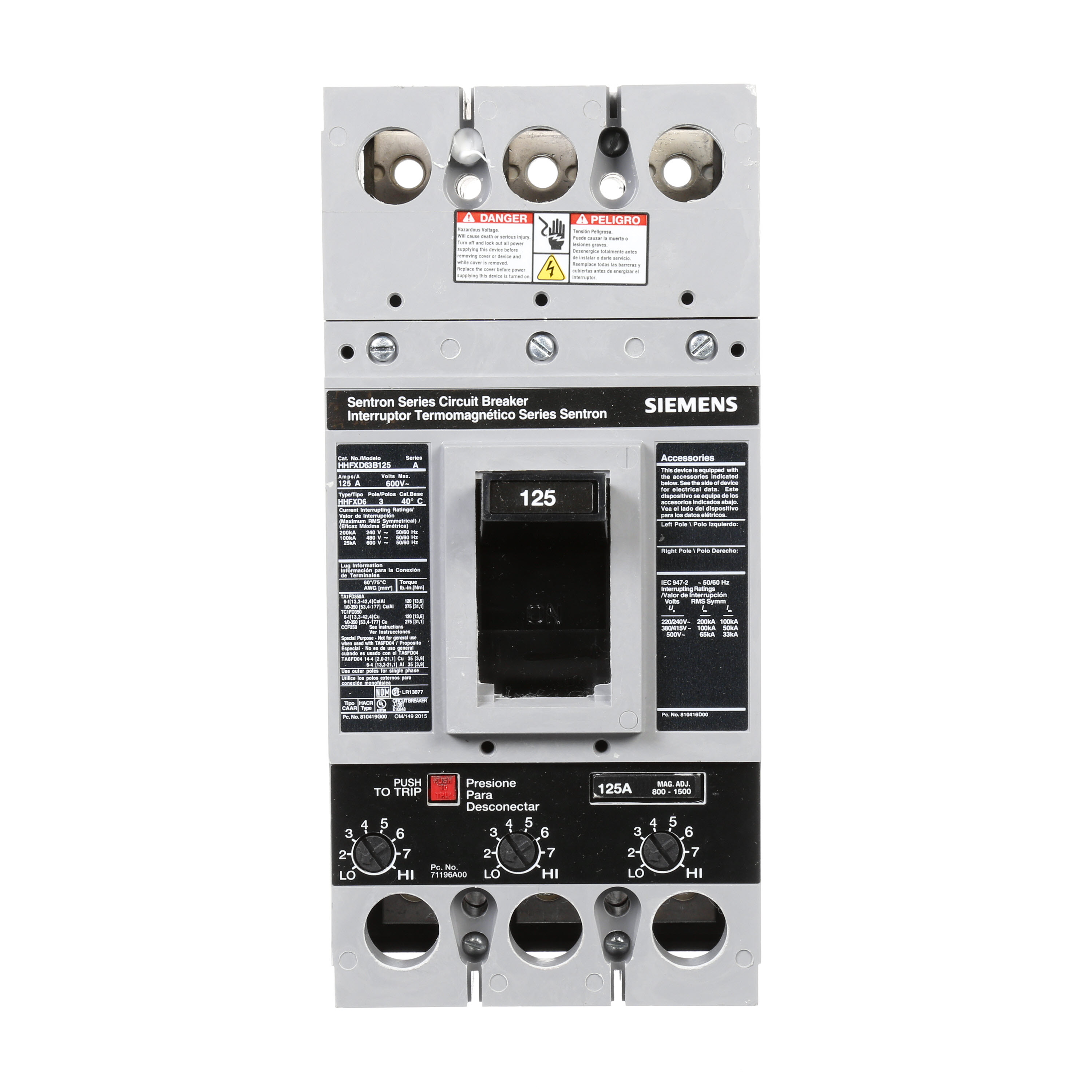 SIEMENS LOW VOLTAGE SENTRON MOLDED CASE CIRCUIT BREAKER WITH THERMAL - MAGNETICTRIP UNIT. ASSEMBLED STANDARD 40 DEG C BREAKER FD FRAME WITH EXTRA HIGH BREAKING CAPACITY. 125A 3-POLE (25KAIC AT 600V) (100KAIC AT 480V). NON-INTERCHANGEABLE TRIP UNIT. SPECIAL FEATURES NO LUGS INSTALLED. DIMENSIONS (W x H x D) IN 4.50 x 9.5 x 4.00.