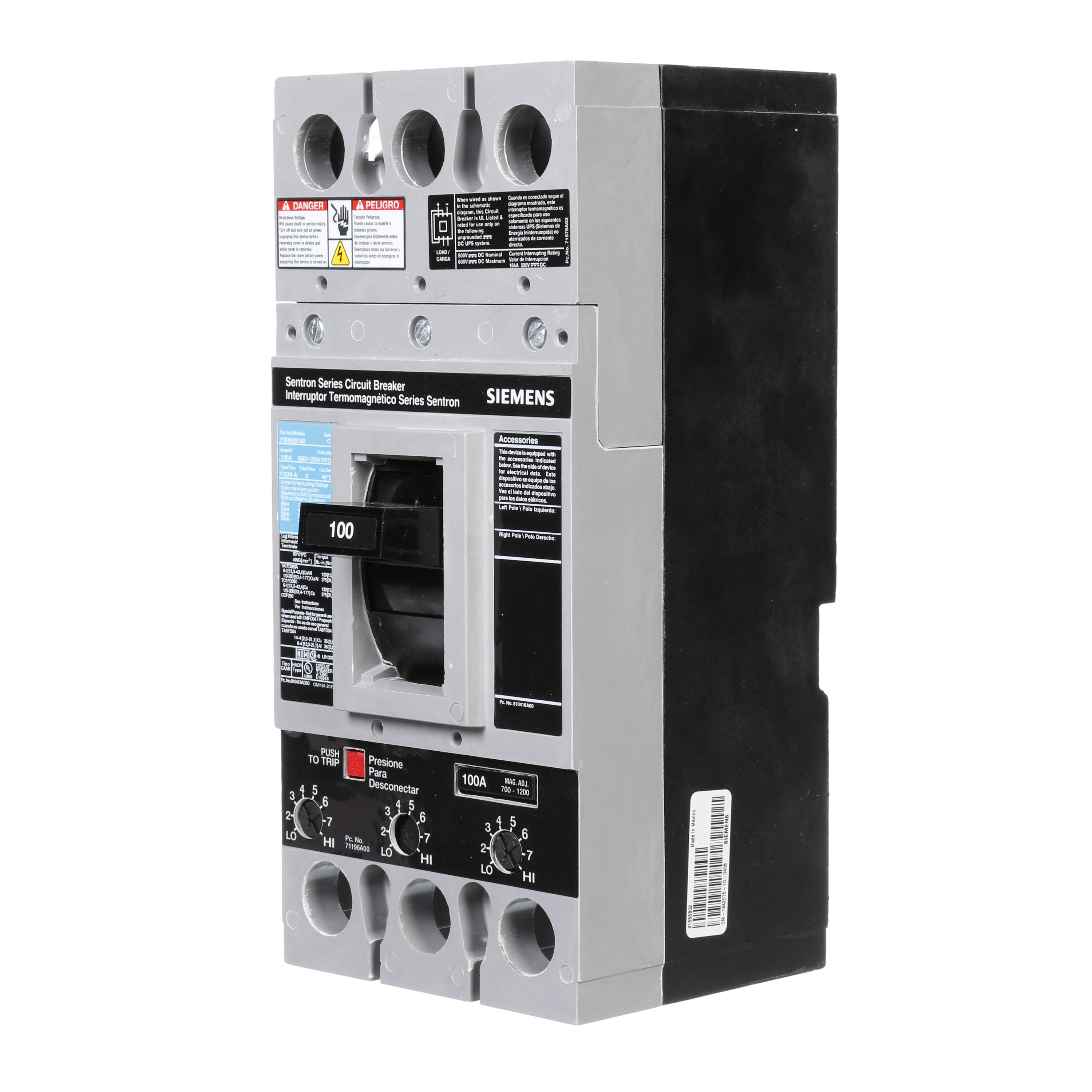 SIEMENS LOW VOLTAGE SENTRON MOLDED CASE CIRCUIT BREAKER WITH THERMAL - MAGNETICTRIP UNIT. ASSEMBLED STANDARD 40 DEG C BREAKER FD FRAME WITH EXTRA HIGH BREAKING CAPACITY. 150A 3-POLE (25KAIC AT 600V) (100KAIC AT 480V). NON-INTERCHANGEABLE TRIP UNIT. SPECIAL FEATURES NO LUGS INSTALLED. DIMENSIONS (W x H x D) IN 4.50 x 9.5 x 4.00.
