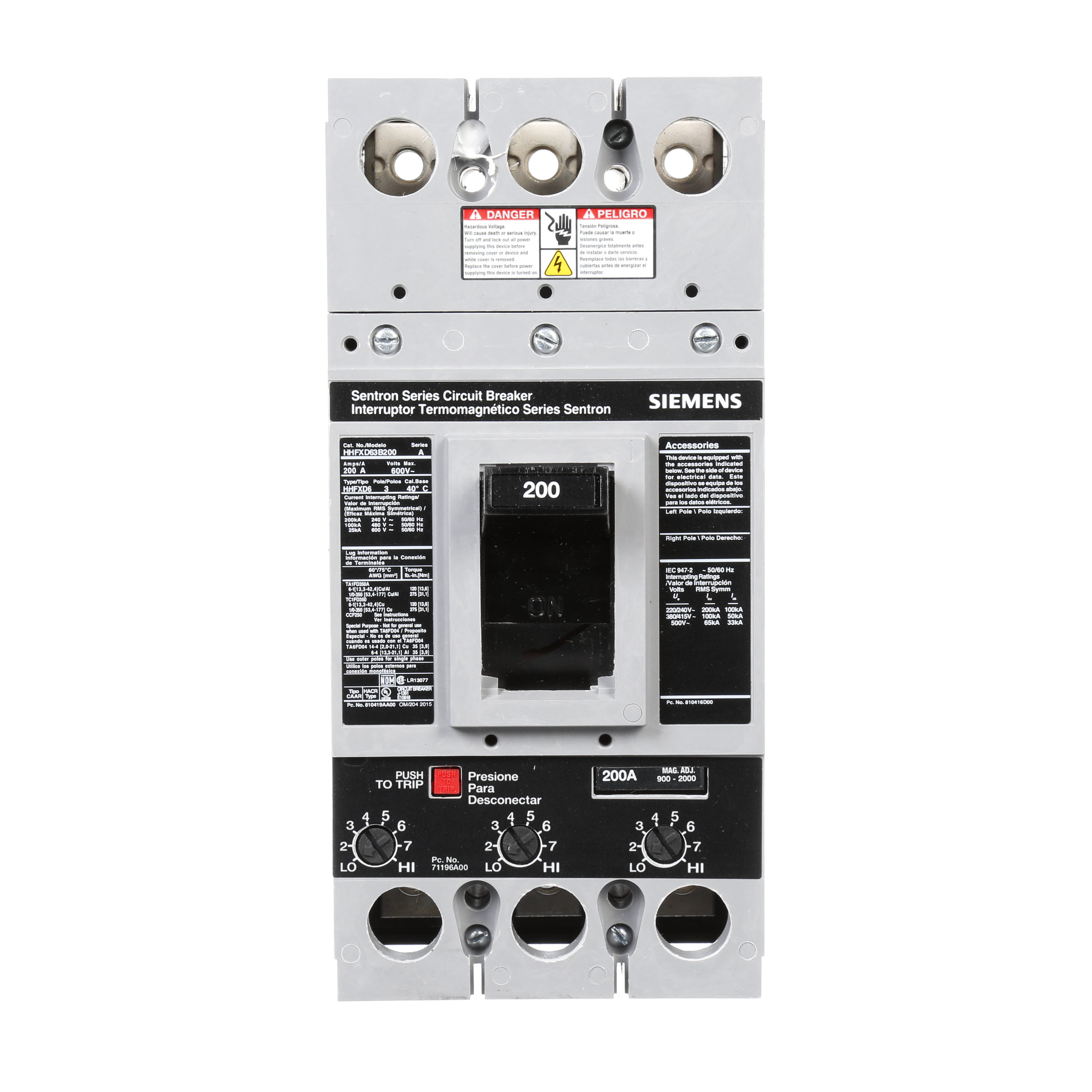 SIEMENS LOW VOLTAGE SENTRON MOLDED CASE CIRCUIT BREAKER WITH THERMAL - MAGNETICTRIP UNIT. ASSEMBLED STANDARD 40 DEG C BREAKER FD FRAME WITH EXTRA HIGH BREAKING CAPACITY. 200A 3-POLE (25KAIC AT 600V) (100KAIC AT 480V). NON-INTERCHANGEABLE TRIP UNIT. SPECIAL FEATURES NO LUGS INSTALLED. DIMENSIONS (W x H x D) IN 4.50 x 9.5 x 4.00.
