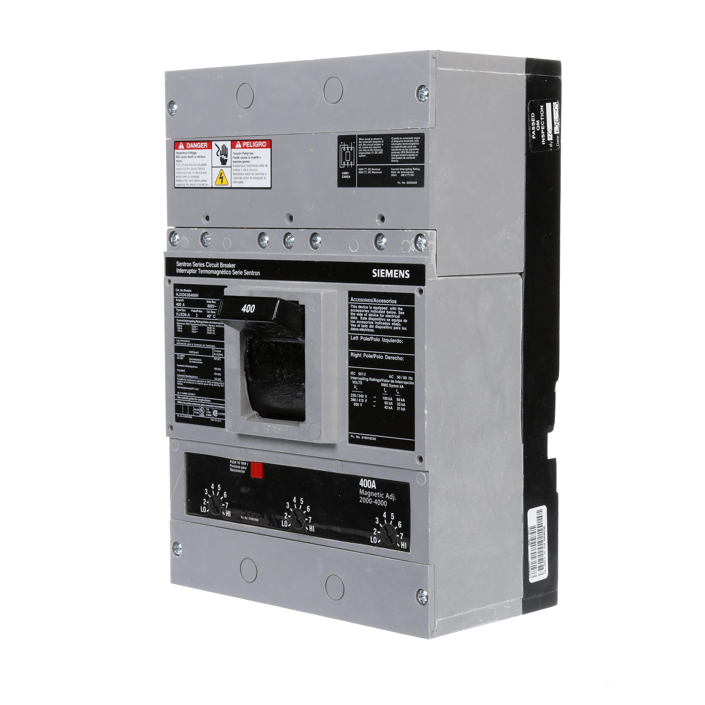 SIEMENS LOW VOLTAGE SENTRON MOLDED CASE CIRCUIT BREAKER WITH THERMAL - MAGNETICTRIP UNIT. ASSEMBLED 100 PERCENT RATED STANDARD 40 DEG C BREAKER JD FRAME WITH HIGH BREAKING CAPACITY. 400A 3-POLE (35KAIC AT 600V) (65KAIC AT 480V). NON-INTERCHANGEABLE TRIP UNIT. SPECIAL FEATURES NO LUGS INSTALLED. DIMENSIONS (W x H x D)IN 7.50 x 11.0 x 4.00.