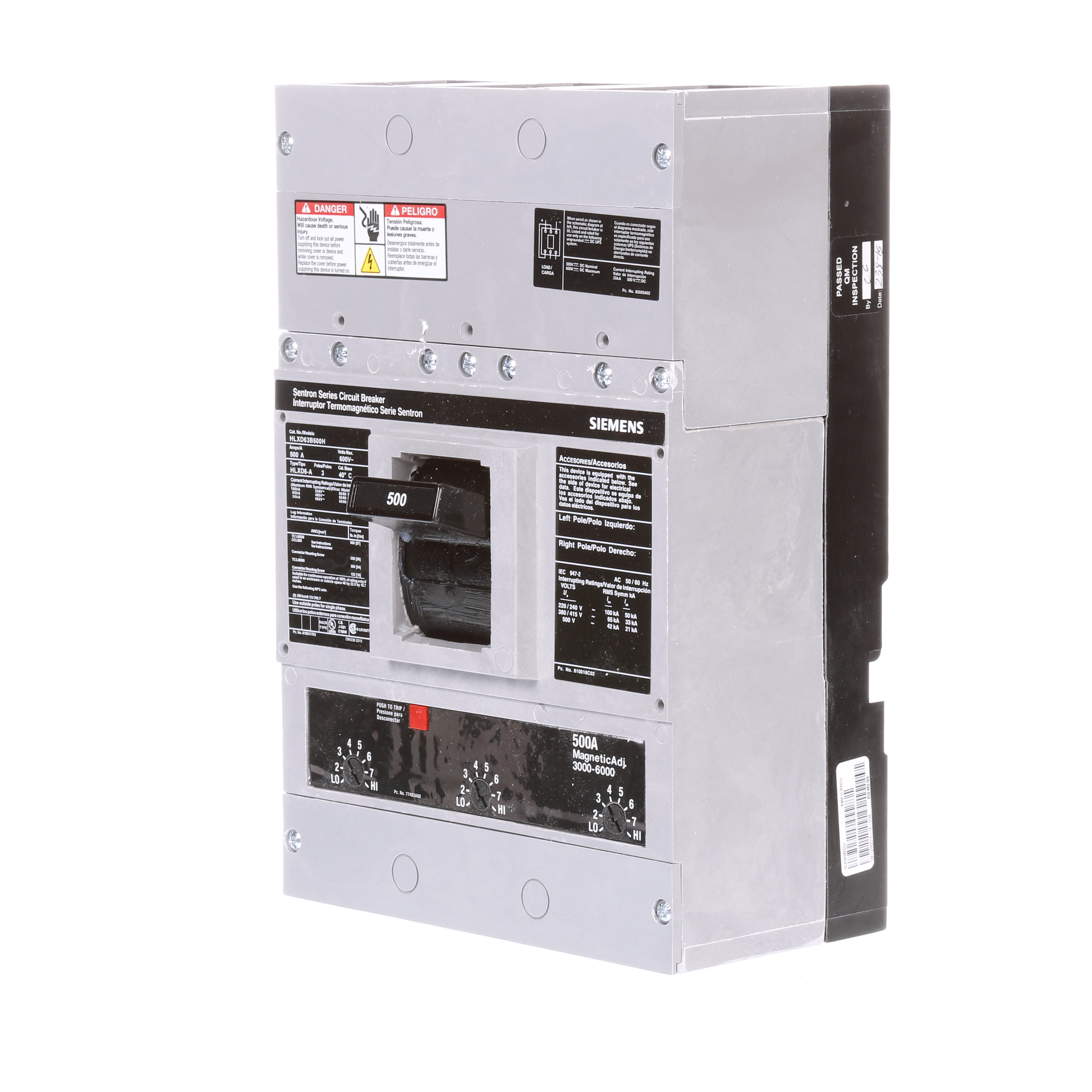 SIEMENS LOW VOLTAGE SENTRON MOLDED CASE CIRCUIT BREAKER WITH THERMAL - MAGNETICTRIP UNIT. ASSEMBLED 100 PERCENT RATED STANDARD 40 DEG C BREAKER LD FRAME WITH HIGH BREAKING CAPACITY. 500A 3-POLE (35KAIC AT 600V) (65KAIC AT 480V). NON-INTERCHANGEABLE TRIP UNIT. SPECIAL FEATURES NO LUGS INSTALLED. DIMENSIONS (W x H x D)IN 7.50 x 11.0 x 4.00.