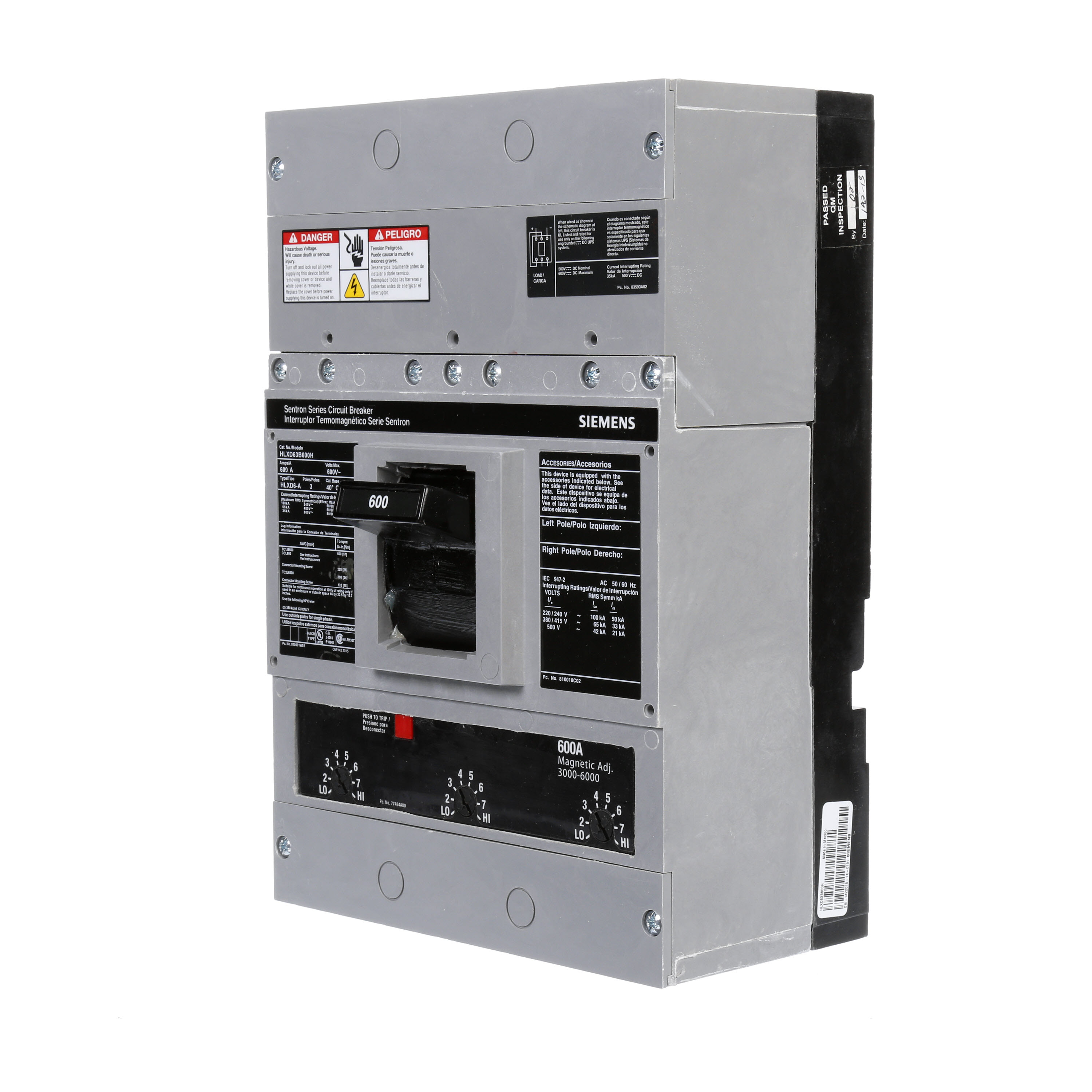 SIEMENS LOW VOLTAGE SENTRON MOLDED CASE CIRCUIT BREAKER WITH THERMAL - MAGNETICTRIP UNIT. ASSEMBLED 100 PERCENT RATED STANDARD 40 DEG C BREAKER LD FRAME WITH HIGH BREAKING CAPACITY. 600A 3-POLE (35KAIC AT 600V) (65KAIC AT 480V). NON-INTERCHANGEABLE TRIP UNIT. SPECIAL FEATURES NO LUGS INSTALLED. DIMENSIONS (W x H x D)IN 7.50 x 11.0 x 4.00.