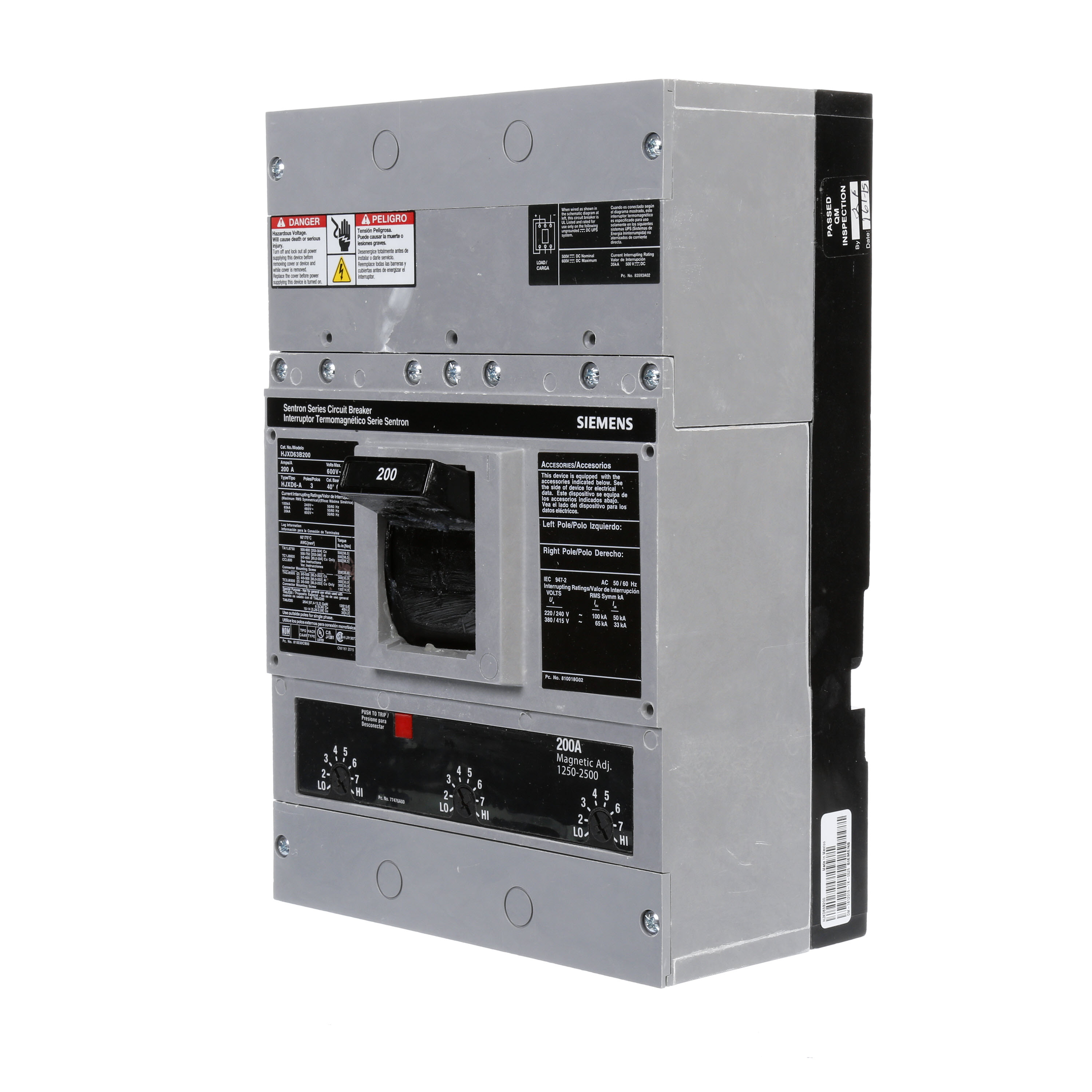 SIEMENS LOW VOLTAGE SENTRON MOLDED CASE CIRCUIT BREAKER WITH THERMAL - MAGNETICTRIP UNIT. ASSEMBLED STANDARD 40 DEG C BREAKER JD FRAME WITH HIGH BREAKING CAPACITY. 200A 3-POLE (35KAIC AT 600V) (65KAIC AT 480V). NON-INTERCHANGEABLE TRIP UNIT. SPECIAL FEATURES NO LUGS INSTALLED. DIMENSIONS (W x H x D) IN 7.50 x 11.0 x 4.00.