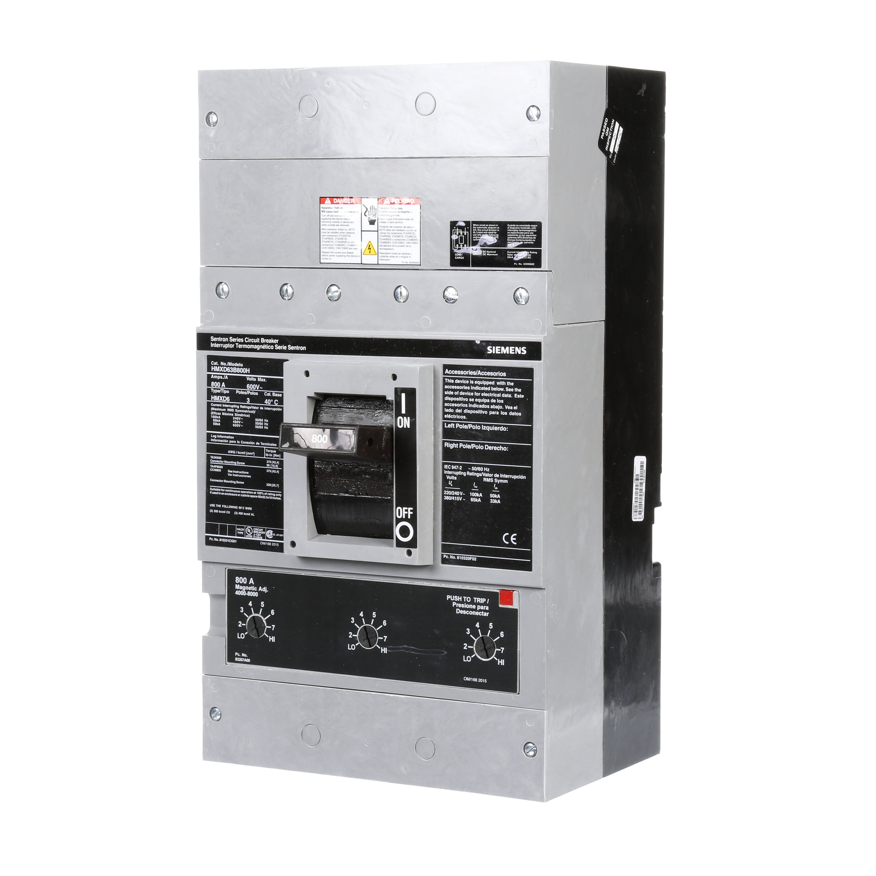 SIEMENS LOW VOLTAGE SENTRON MOLDED CASE CIRCUIT BREAKER WITH THERMAL - MAGNETICTRIP UNIT. ASSEMBLED STANDARD 40 DEG C BREAKER MD FRAME WITH HIGH BREAKING CAPACITY. 600A 3-POLE (50KAIC AT 600V) (65KAIC AT 480V). NON-INTERCHANGEABLE TRIP UNIT. SPECIAL FEATURES NO LUGS INSTALLED. DIMENSIONS (W x H x D) IN 9.00 x 16.0 x 6.00.