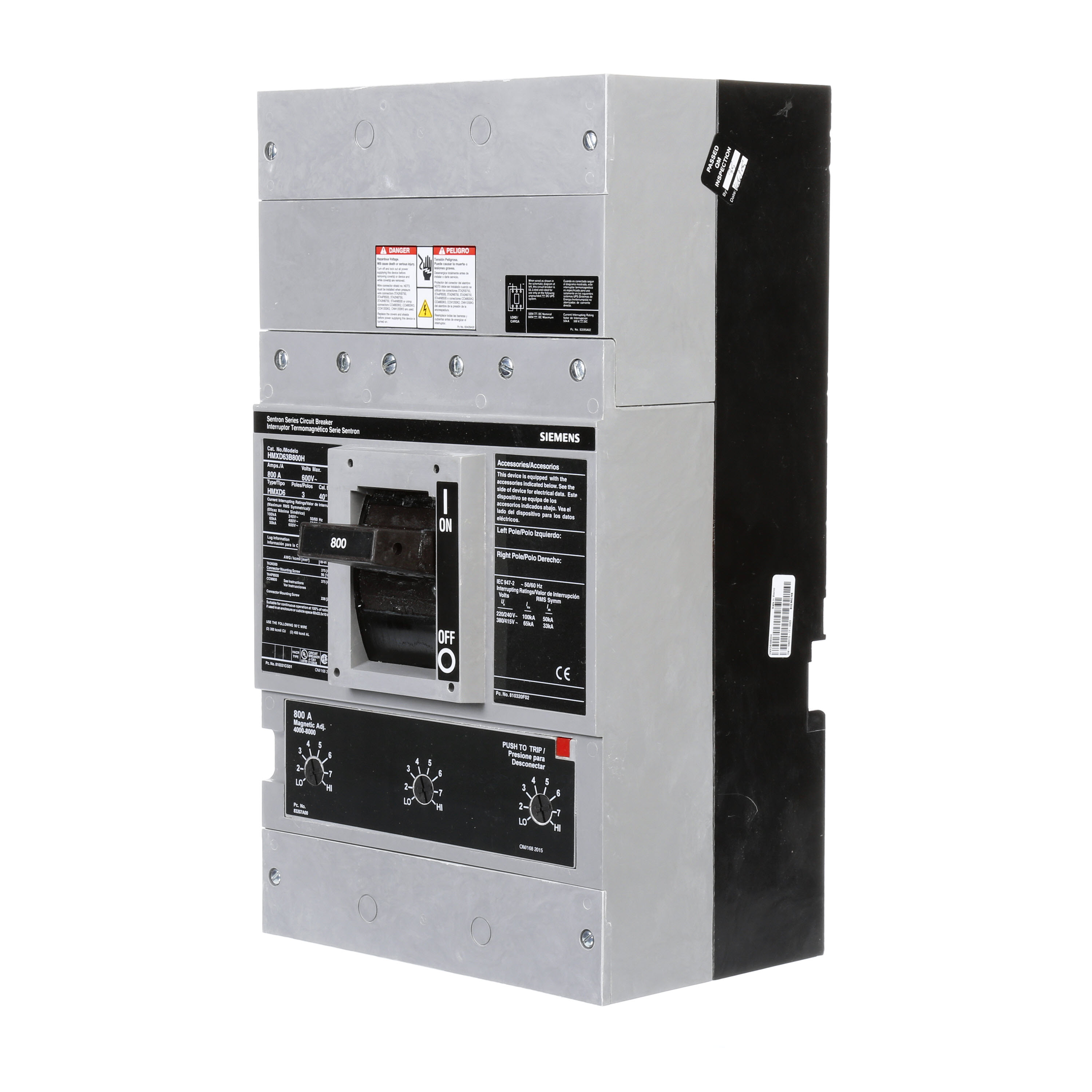 SIEMENS LOW VOLTAGE SENTRON MOLDED CASE CIRCUIT BREAKER WITH THERMAL - MAGNETICTRIP UNIT. ASSEMBLED 100 PERCENT RATED STANDARD 40 DEG C BREAKER MD FRAME WITH HIGH BREAKING CAPACITY. 800A 3-POLE (50KAIC AT 600V) (65KAIC AT 480V). NON-INTERCHANGEABLE TRIP UNIT. SPECIAL FEATURES NO LUGS INSTALLED. DIMENSIONS (W x H x D)IN 9.00 x 16.0 x 6.00.